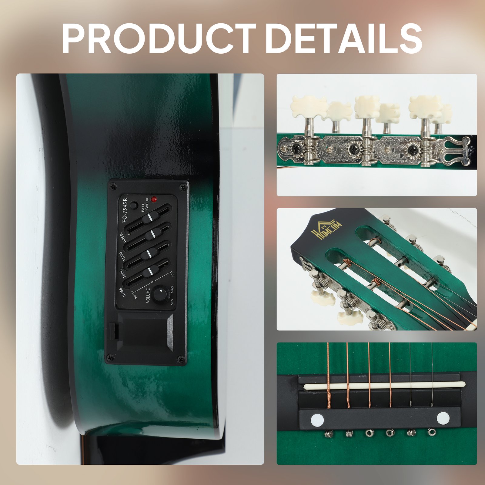 HOMCOM 38 Inch Acoustic Electric Guitar, Beginner Junior Adult Guitar Gloss Finish with Carrying Case - Dark Green - Image 6