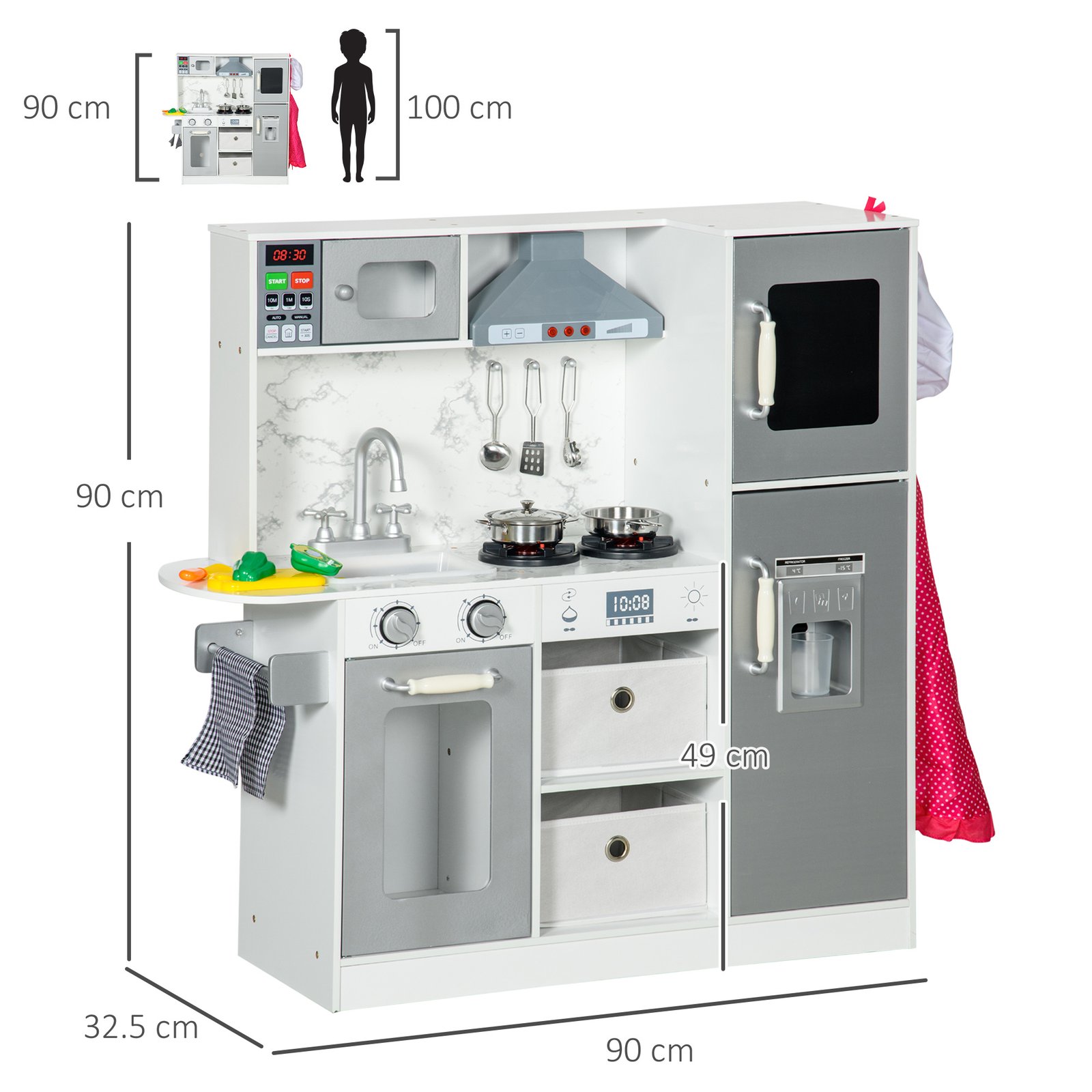 AIYAPLAY Toy Kitchen with Lights, Sounds, Apron and Chef Hat, Ice Maker, Microwave, for Ages 3-6 Years - White - Image 3