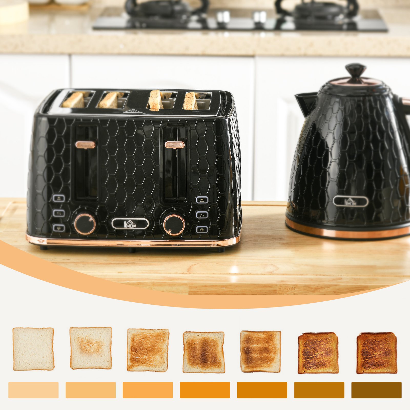HOMCOM 1.7L 3000W Fast Boil Kettle & 4 Slice Toaster Set, Kettle and Toaster Set with 7 Browning Controls, Crumb Tray, Black - Image 7