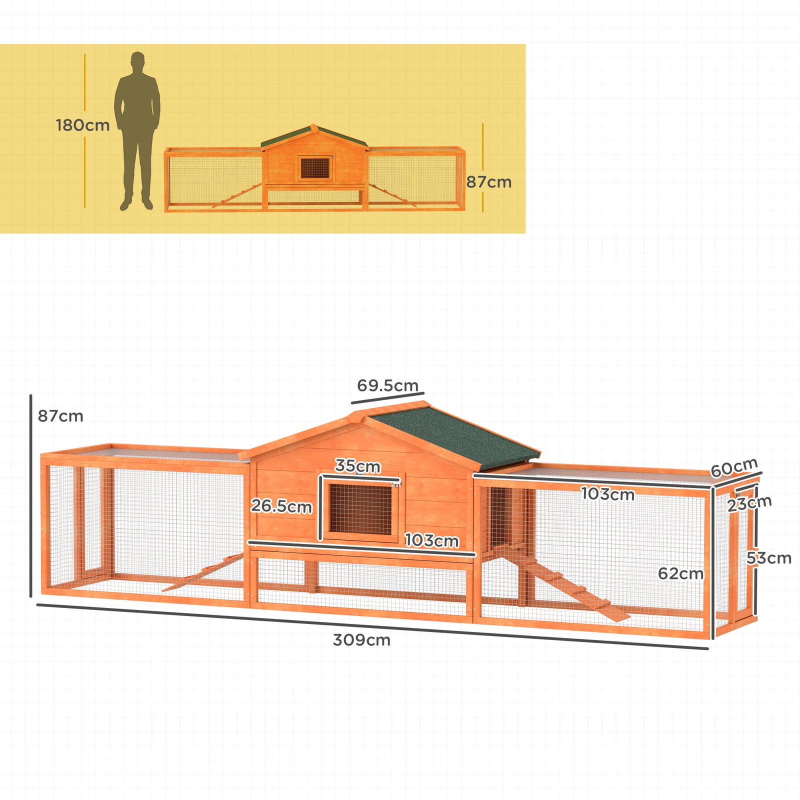 PawHut Wooden Rabbit Hutch with Run, Tray, Ramps, Asphalt Roof, 309 x 70 x 87cm, Orange - Image 3