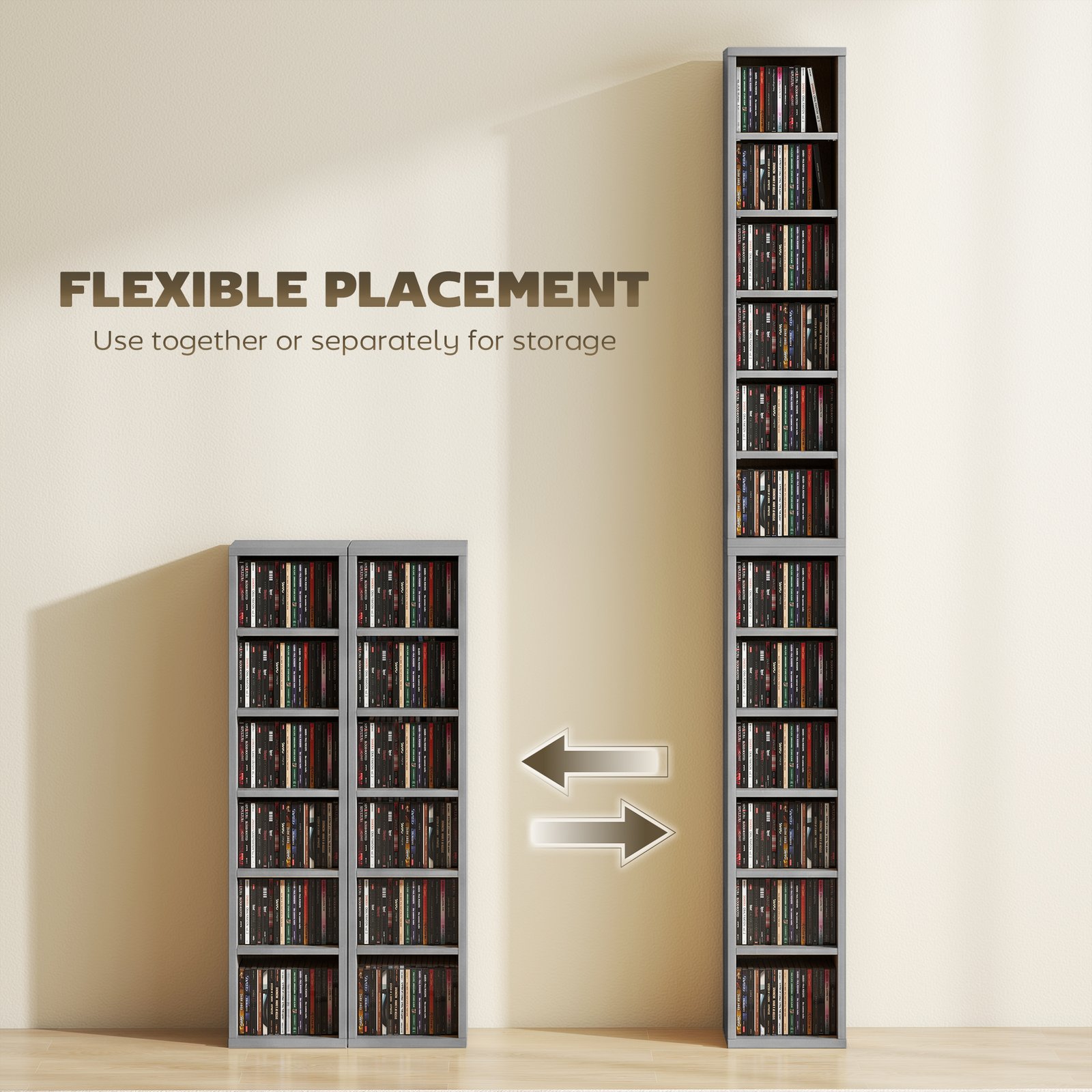 HOMCOM Set of 2 CD Media Display Shelf Unit Tower Rack with Adjustable Shelves, Light Grey - Image 5