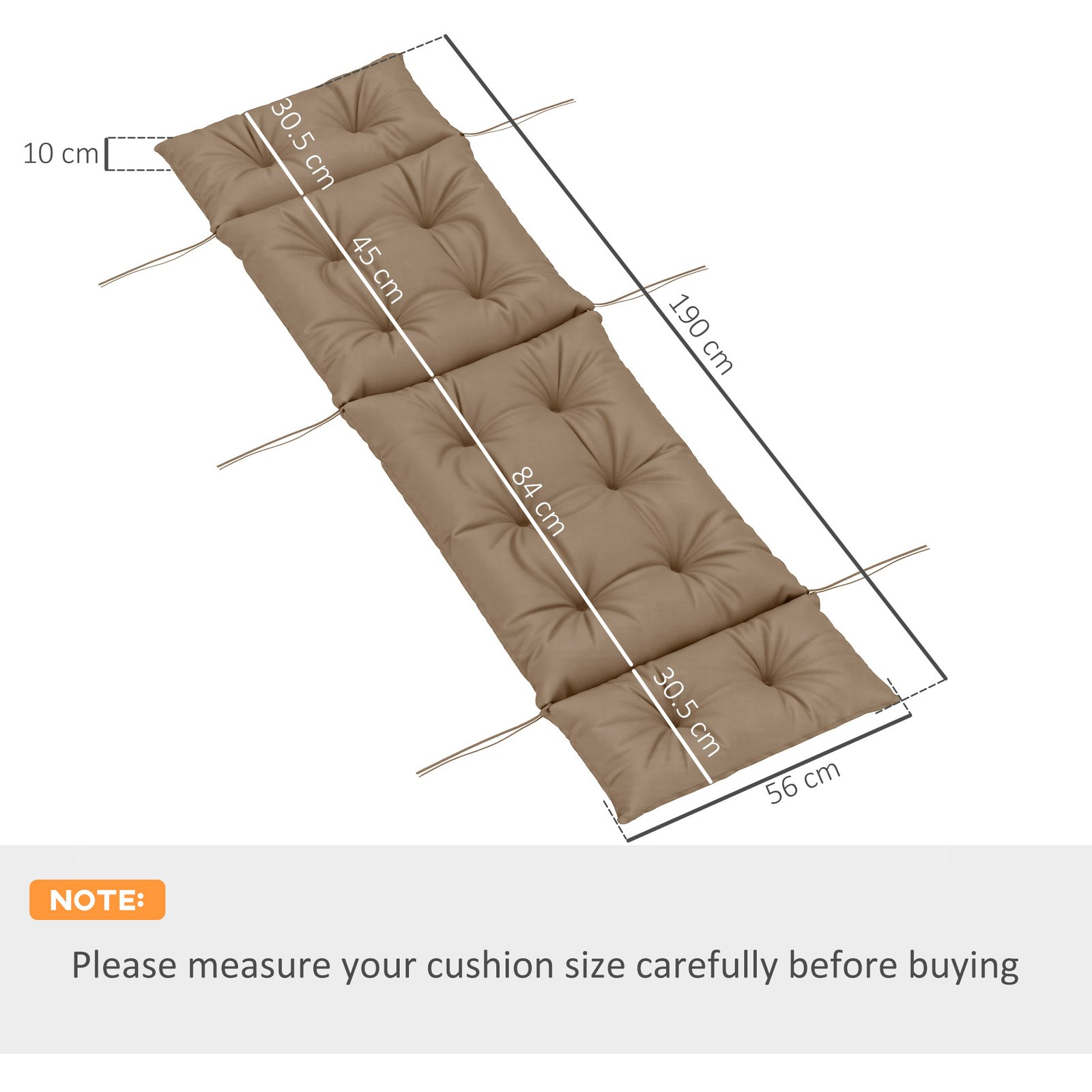 Outsunny Sun Lounger Cushions Only, 190x56x10cm Garden Lounge Chair Cushions, UPF20+ 220gsm Fabric, Thick Sunbed Replacement Pads with 6 Ties, Khaki - Image 3