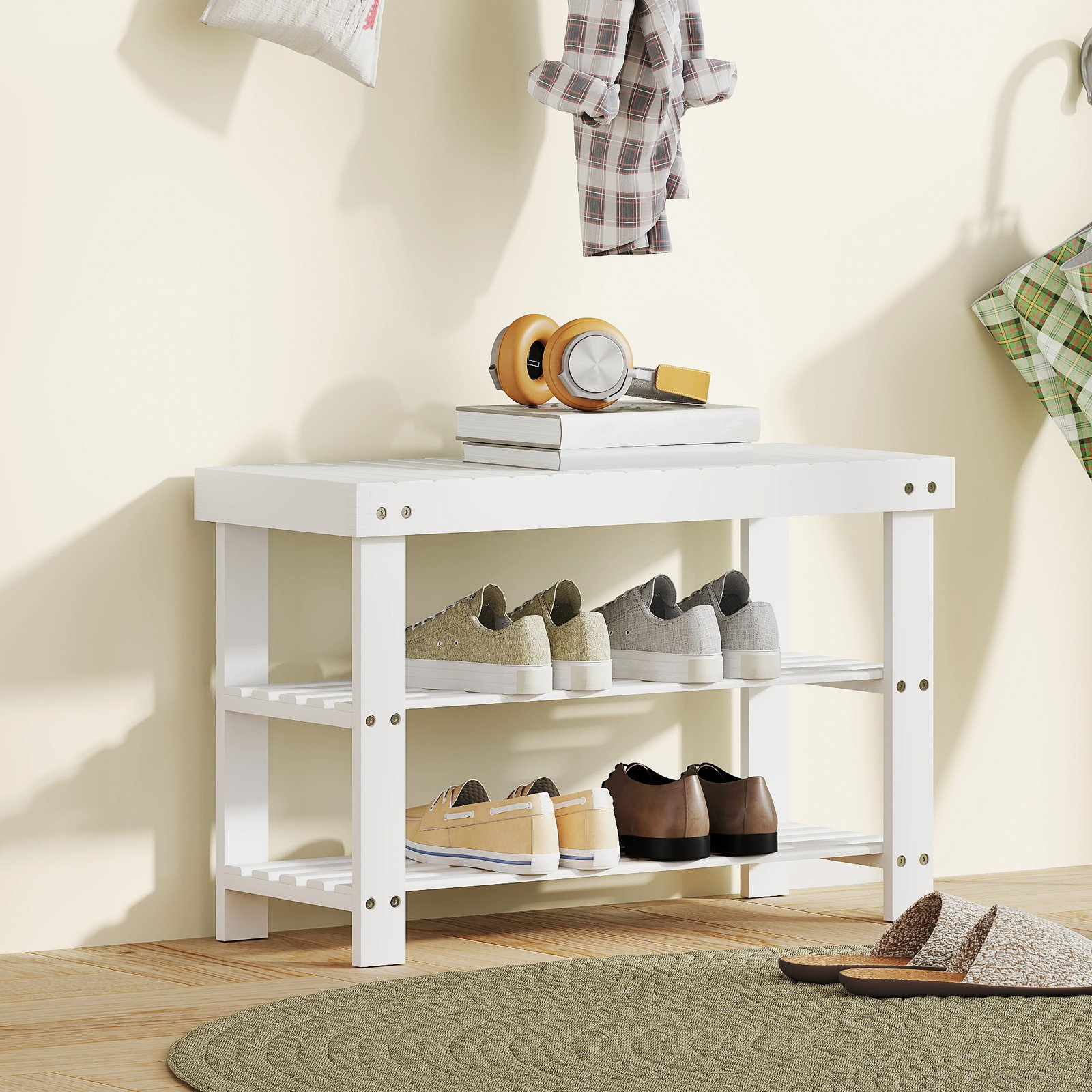 HOMCOM Two Shelf Bamboo Shoe Storage Bench - White - Image 2