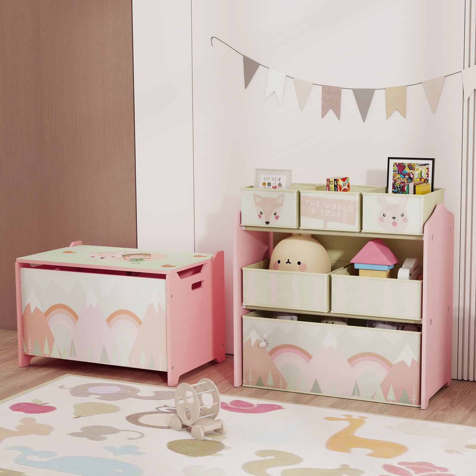 ZONEKIZ Kids Storage Unit, Toy Storage Organiser, with Six Fabric Bins, for Bedrooms, Playrooms, Nurseries - Pink - Image 8