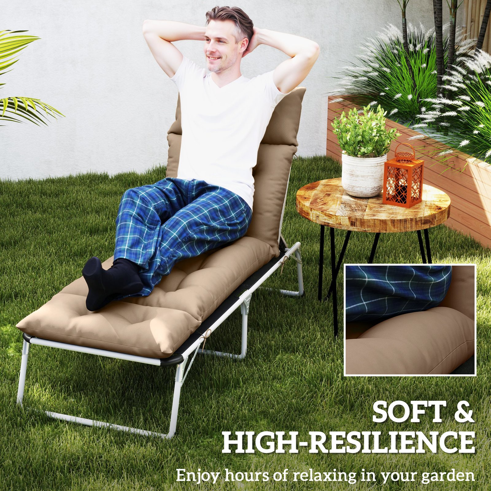 Outsunny Sun Lounger Cushions Only, 190x56x10cm Garden Lounge Chair Cushions, UPF20+ 220gsm Fabric, Thick Sunbed Replacement Pads with 6 Ties, Khaki - Image 5