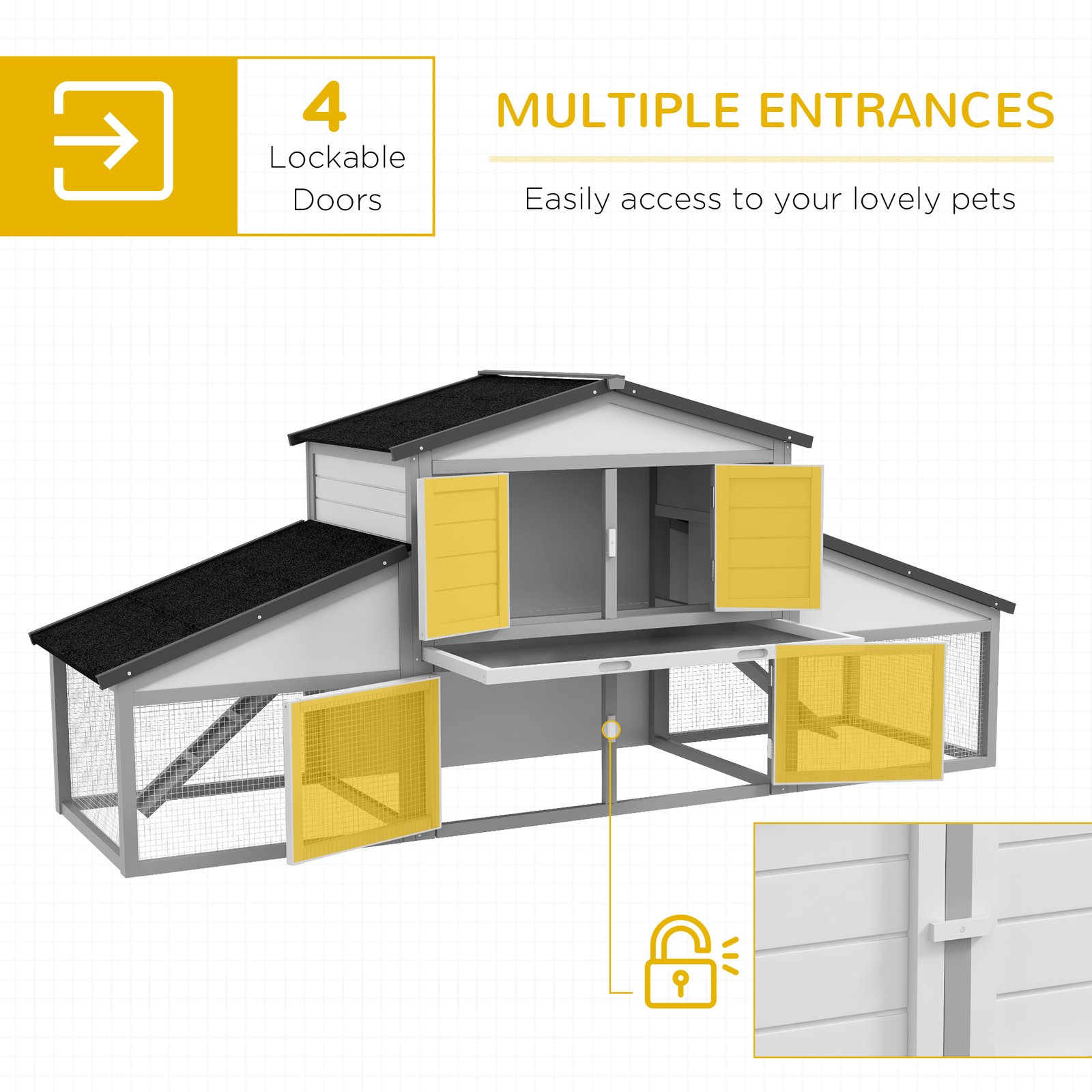 PawHut Large Rabbit Hutch with Run, Outdoor Bunny Cage, with Tray, Ramp - Light Grey - Image 4