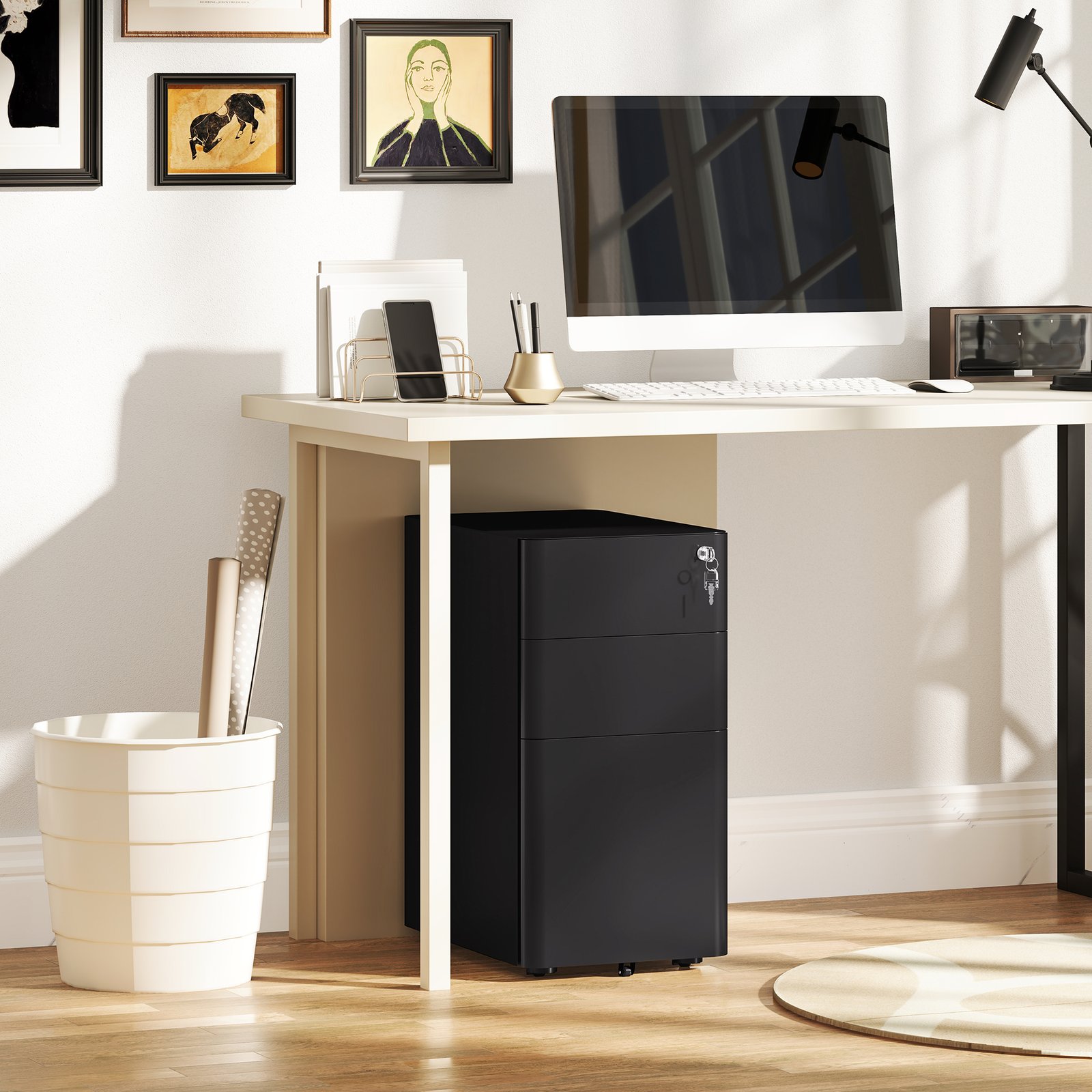 Vinsetto 3-Drawer Steel Filing Cabinet with Lock - Black - Image 9
