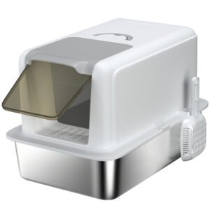 PawHut Stainless Steel Cat Litter Box with Removable Lid, Scoop, Filter Bags, for Larger Cats, White