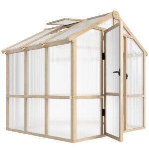 Outsunny 6.6 x 6ft Polycarbonate Greenhouse, Walk-in Wooden Greenhouse with Lockable Door and Window, Garden Plants Grow House, Brown