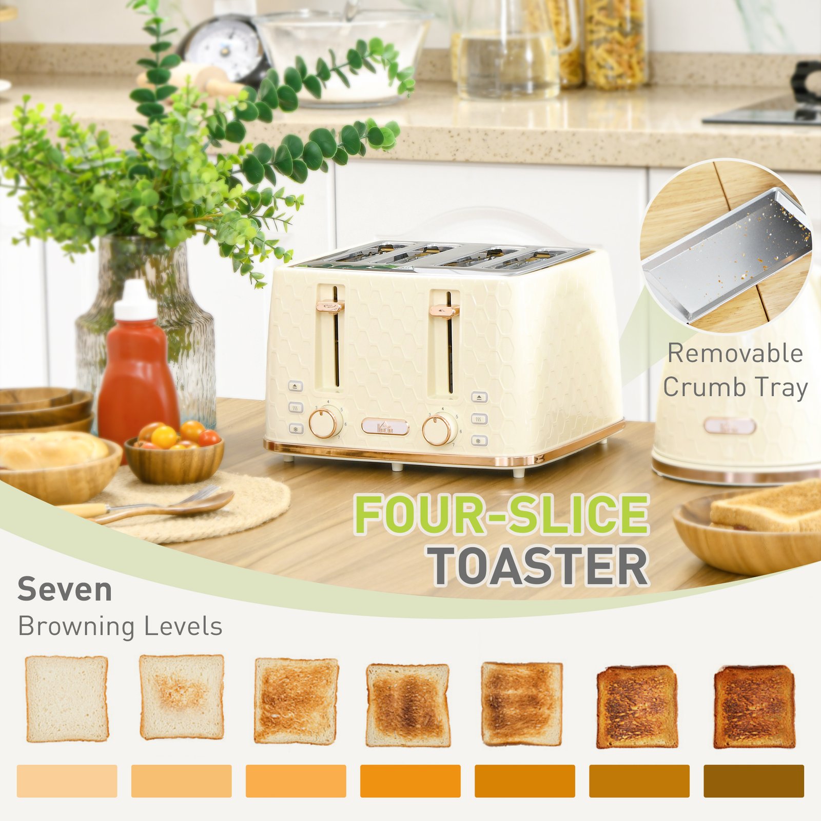 HOMCOM Kettle and Toaster Set, 1.7L 3000W Fast Boil Jug Kettle, 4 Slice Toaster with 7 Level Browning Controls, Beige - Image 5