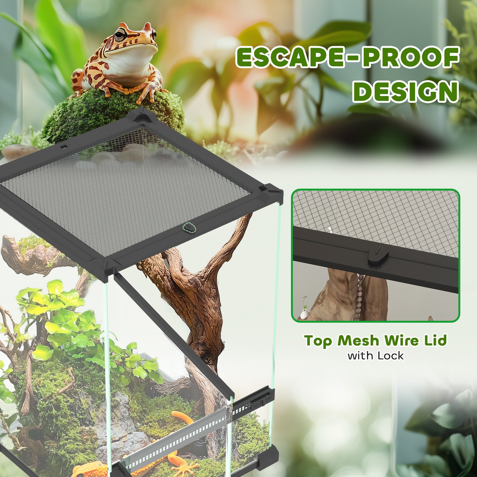 PawHut 12L Vivarium for Lizards, Frogs, Snakes, Turtles, Tortoises w/ Anti-Escape Design, Ventilation - Image 6