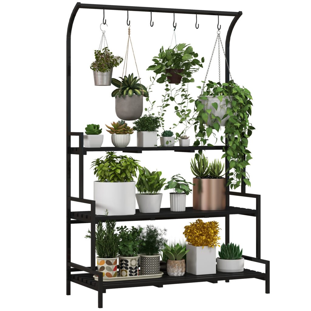 Outsunny 3 Tiered Plant Rack with Hanging Hooks, Tall Plant Stand for Indoor Outdoor Porch Balcony Use, Black Outsunny 3 Tiered Plant Rack with Hanging Hooks, Tall Plant Stand for Indoor Outdoor Porch Balcony Use, Black