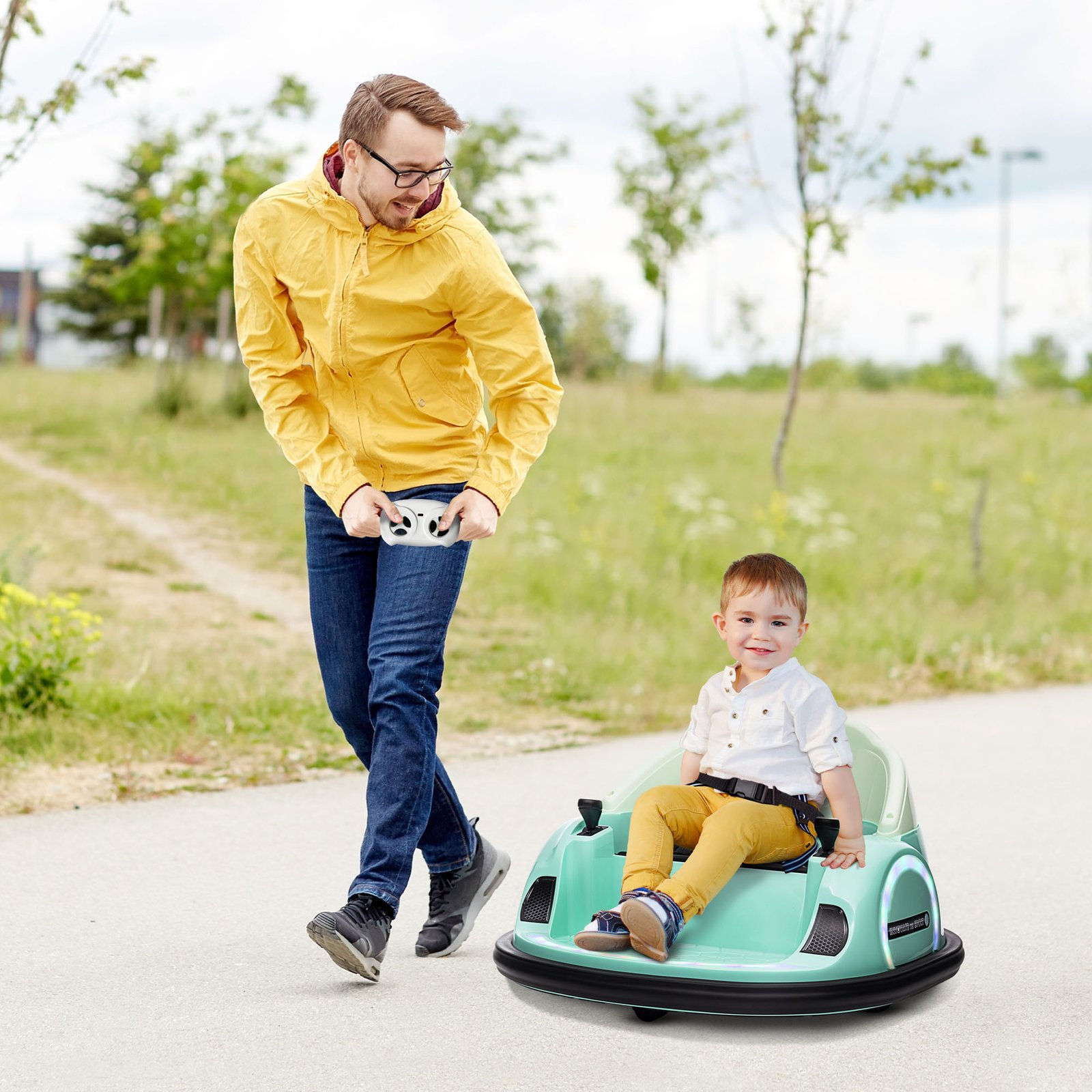 AIYAPLAY 360° Rotation Kids Bumper Car, 12V Waltz Car with Remote Control, Dual Joystick, Music, Lights, Green - Image 2