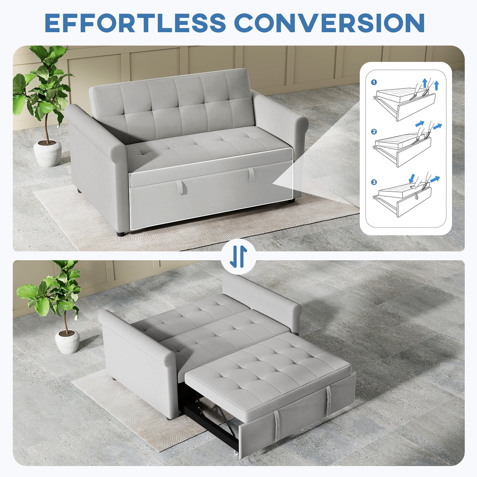 HOMCOM Two-Seater Velvet-Feel Sofa Bed - Grey - Image 4