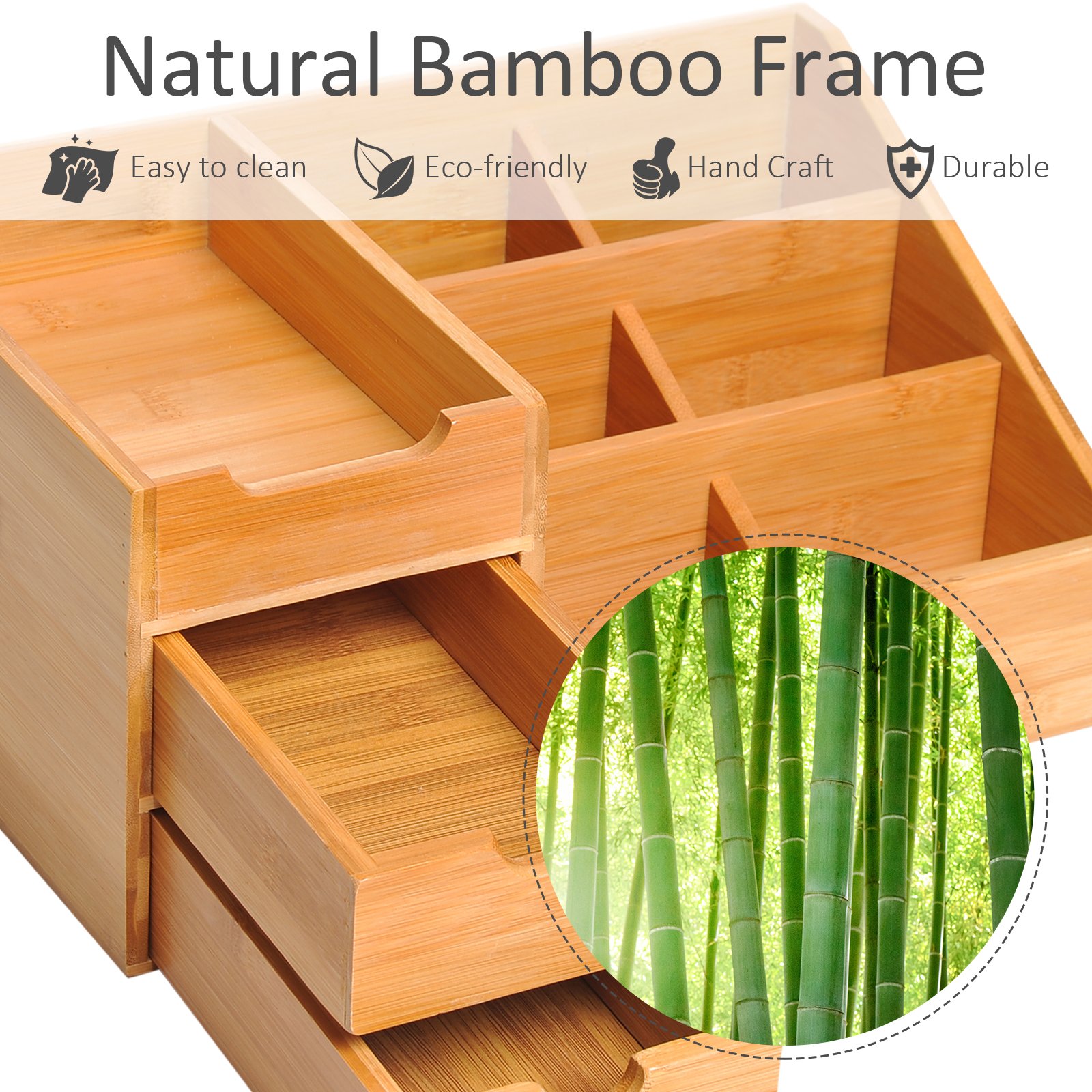 HOMCOM Desk Organiser Holder, Bamboo Multi-Function Storage Caddy with 7 Storage Compartments and 2 Drawers for Home Office Stationary Supplies, Natural Bamboo - Image 5