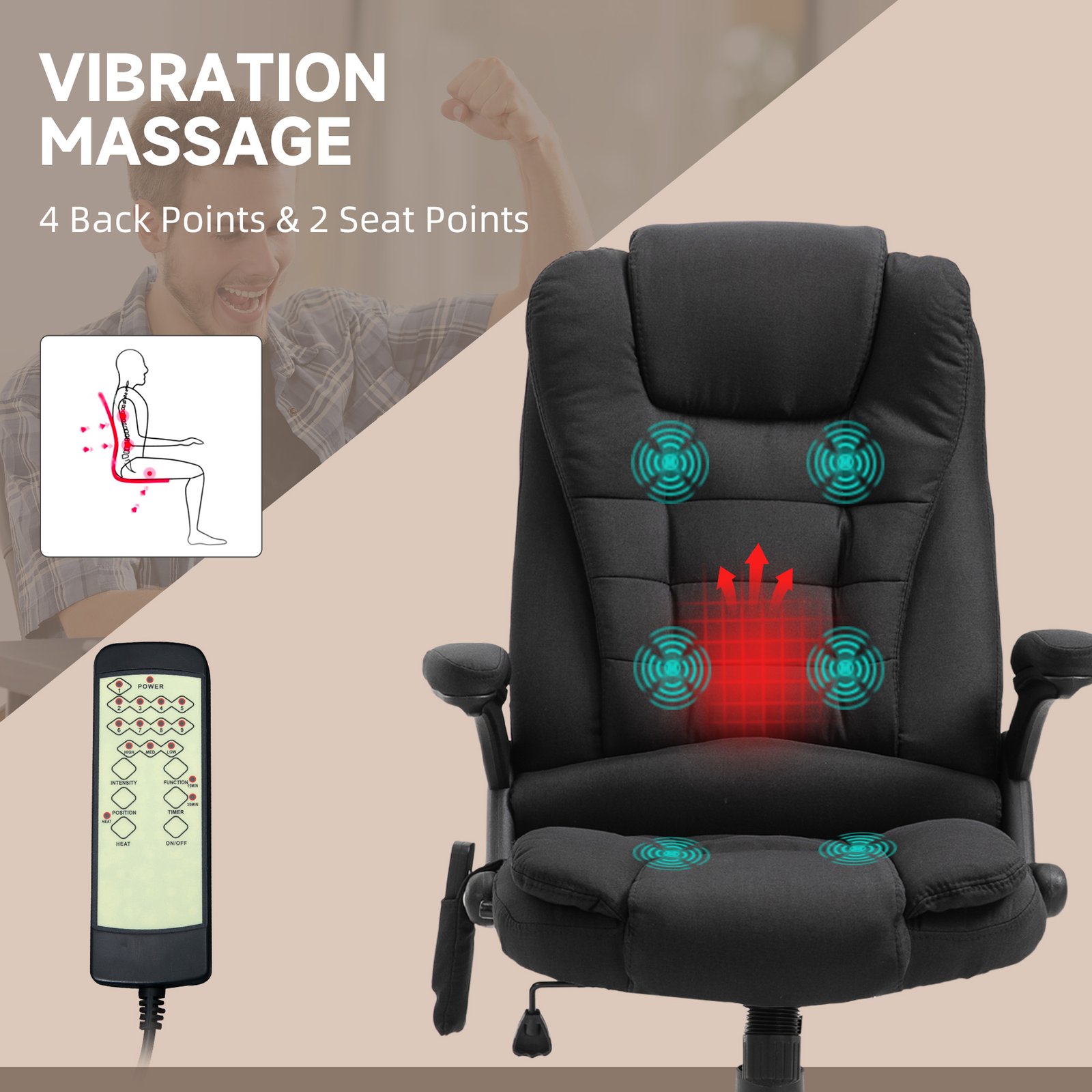 Vinsetto Massage Recliner Chair Heated Office Chair with Six Massage Points Linen-Feel Fabric 360° Swivel Wheels Black - Image 4