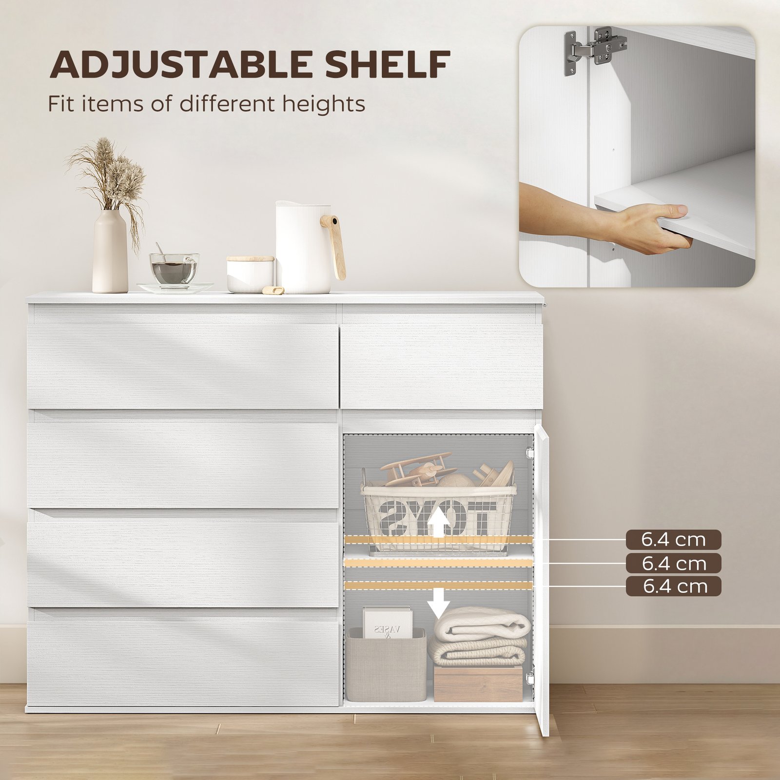 HOMCOM Modern Chest Of Drawers, 5 Drawer Dresser with Adjustable Shelf, Soft-Close Door, White - Image 5