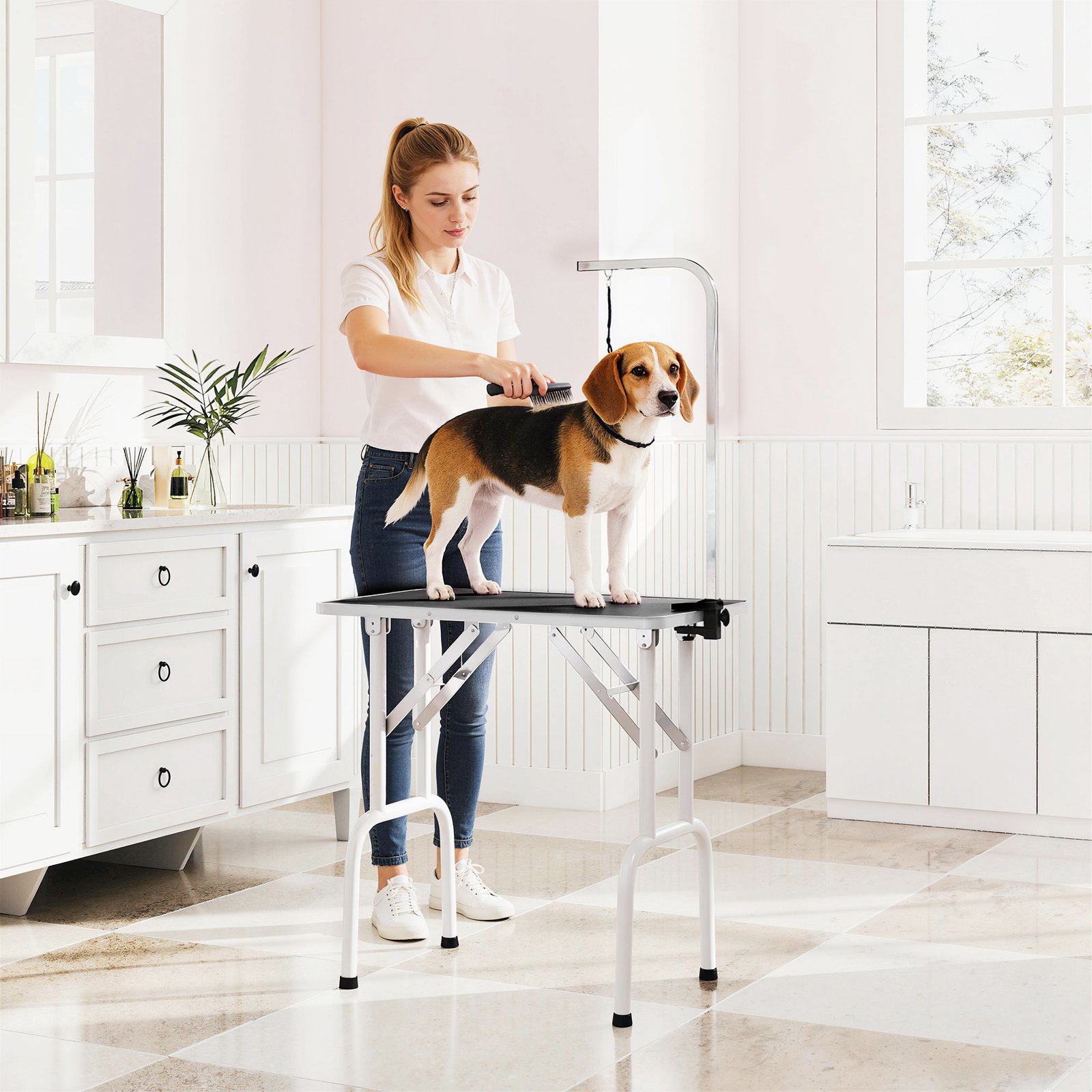 PawHut 32" Foldable Dog Grooming Table Pet Drying Beauty Table Adjustable Fixed Arm Rubber Top, Black - Image 2