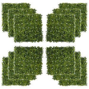 Outsunny 12PCS Artificial Boxwood Wall Panels 50cm x 50cm Grass Privacy Fence Screen Faux Hedge Greenery Backdrop Encrypted Milan Grass with White Flowers for Home Garden Backyard Balcony