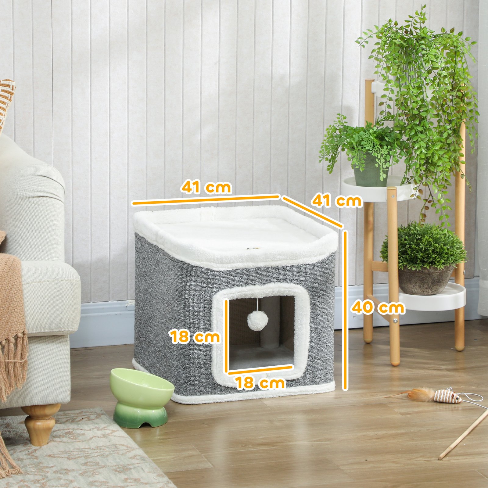 PawHut Cat House for Indoor Kittens, 2-Level Cat Cave Bed with Fluffy Balls, Top Bed, Kitten Barrel for Multi Kitties, Grey - Image 3