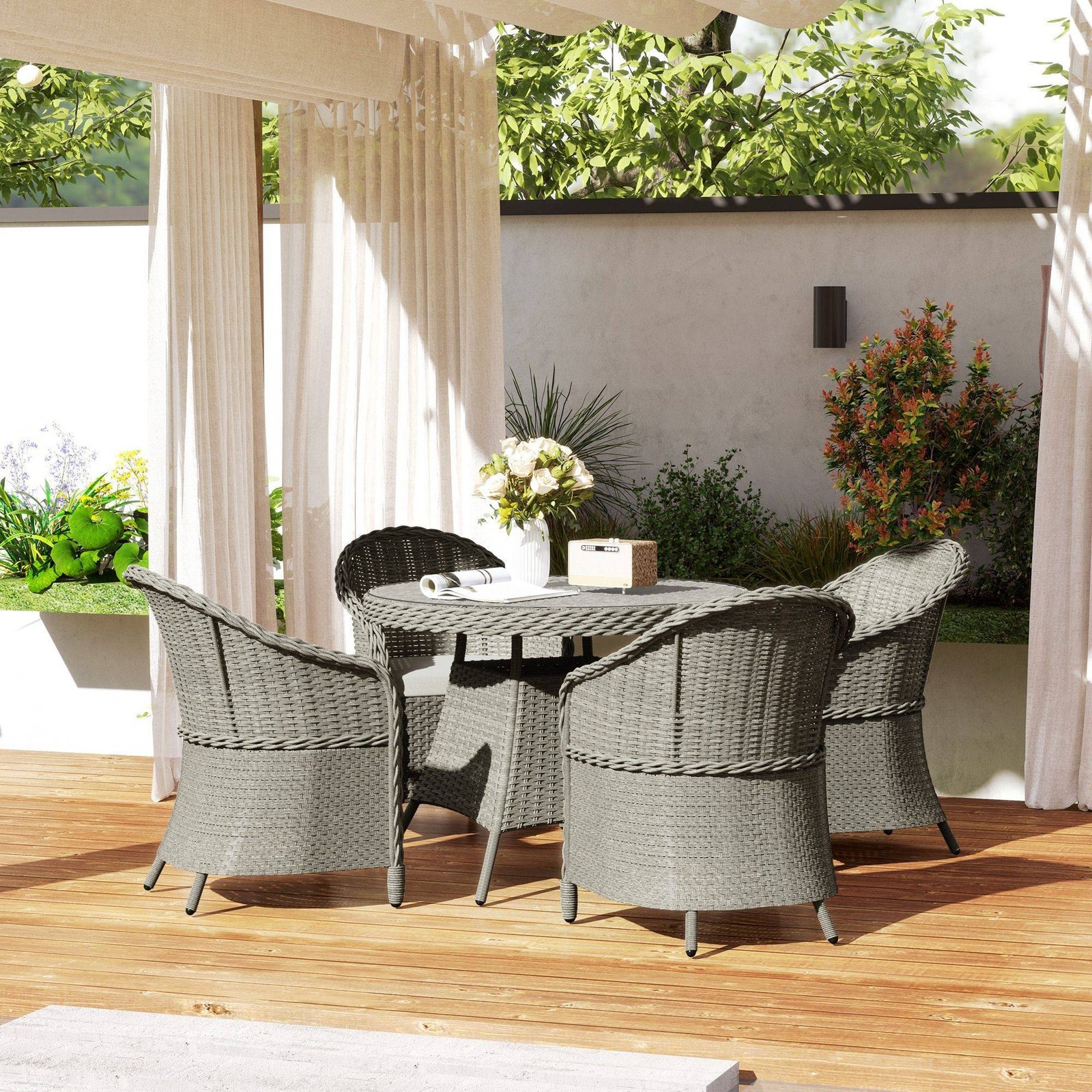 Outsunny 4 Seater Rattan Garden Furniture Set with Cushions, Round PE Rattan Dining Set with Glass-Top Table, Umbrella Hole, Outdoor Garden Table and Chairs, Grey - Image 2