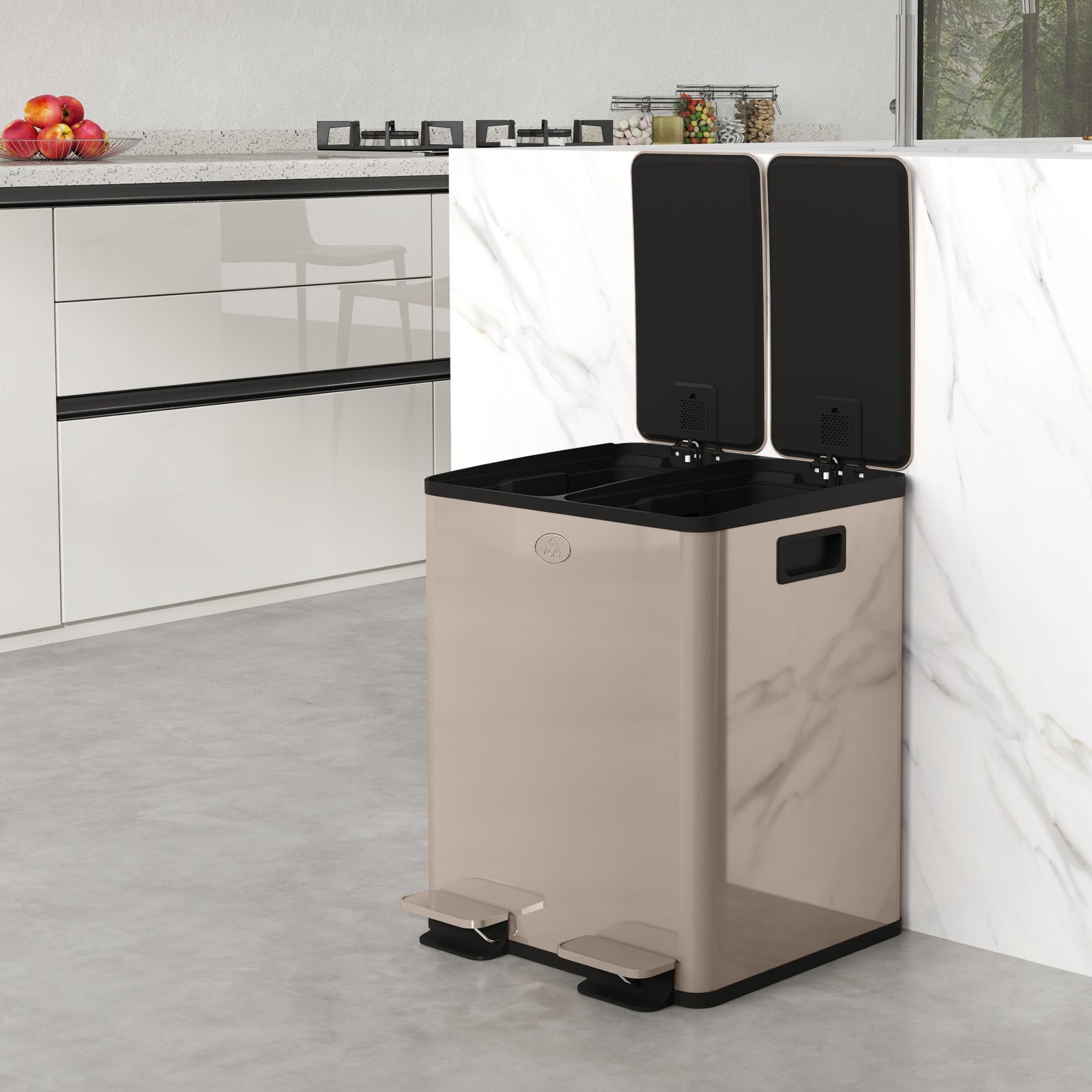 HOMCOM 40L Dual Compartment Stainless Steel Bin, with Deodoriser Holders - Gold Tone - Image 9