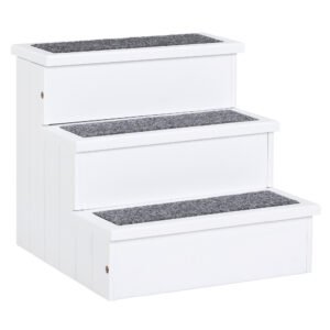 PawHut Dog Steps for Bed Sofa, 3 Step Wooden Dog Stairs for Sofa, Pet Stairs with Storage for Small Cats and Puppy, White