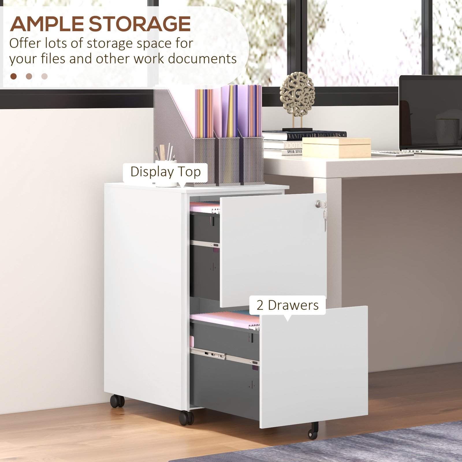 Vinsetto 2-Drawer Filing Cabinet with Lock and 5 Wheels, Steel Mobile File Cabinet, for A4, Legal and Letter Size, Pre-Assembled Body, White - Image 4