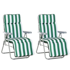 Outsunny 2 Pieces Outdoor Sun Lounger Set with Cushions, Patio Folding 5-Level   Adjustable Backrest Recliner Chairs Set of 2 with High Backrest and Armrests, Green & White