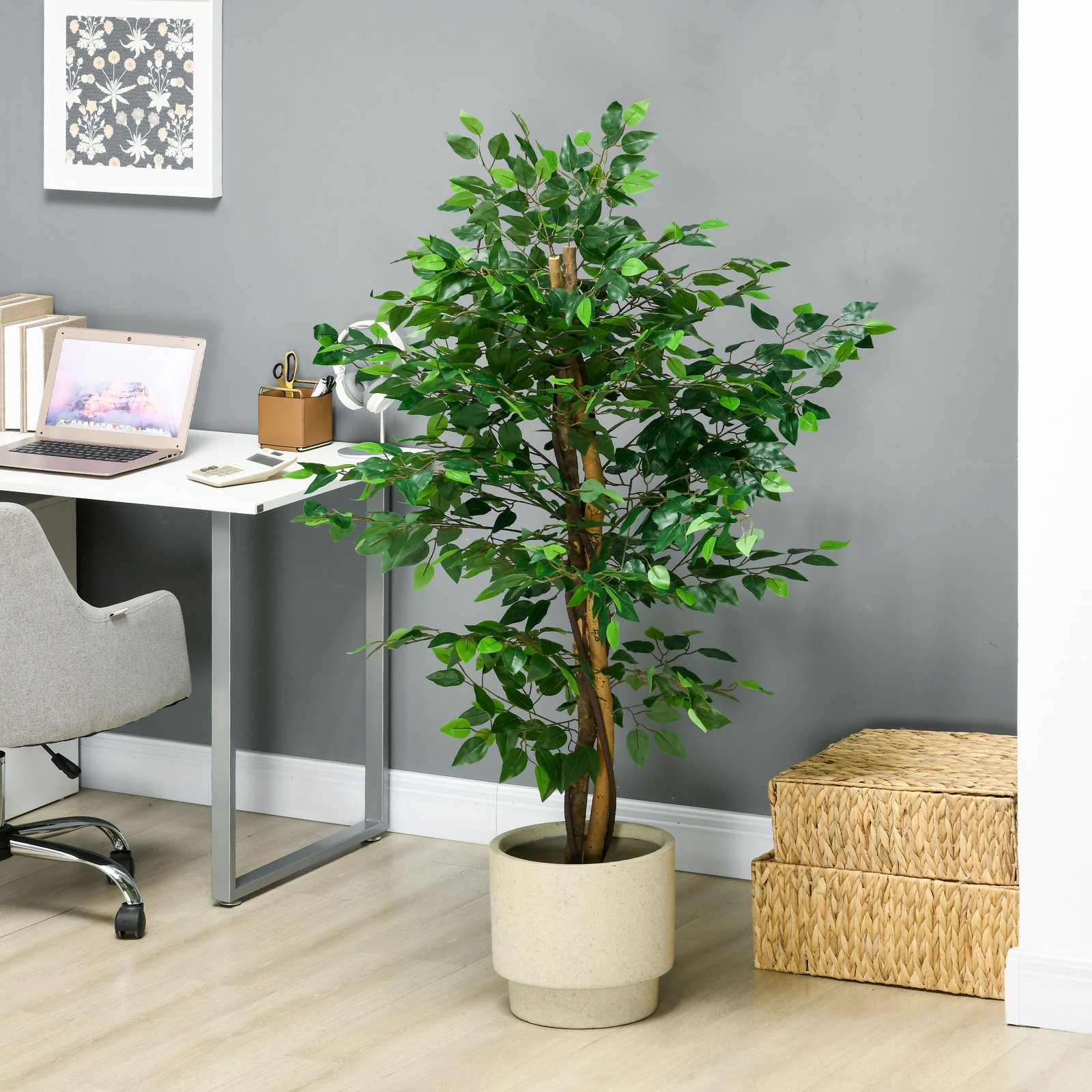 HOMCOM Artificial Ficus Tree, with Weighted Plant Pot - Green - Image 7