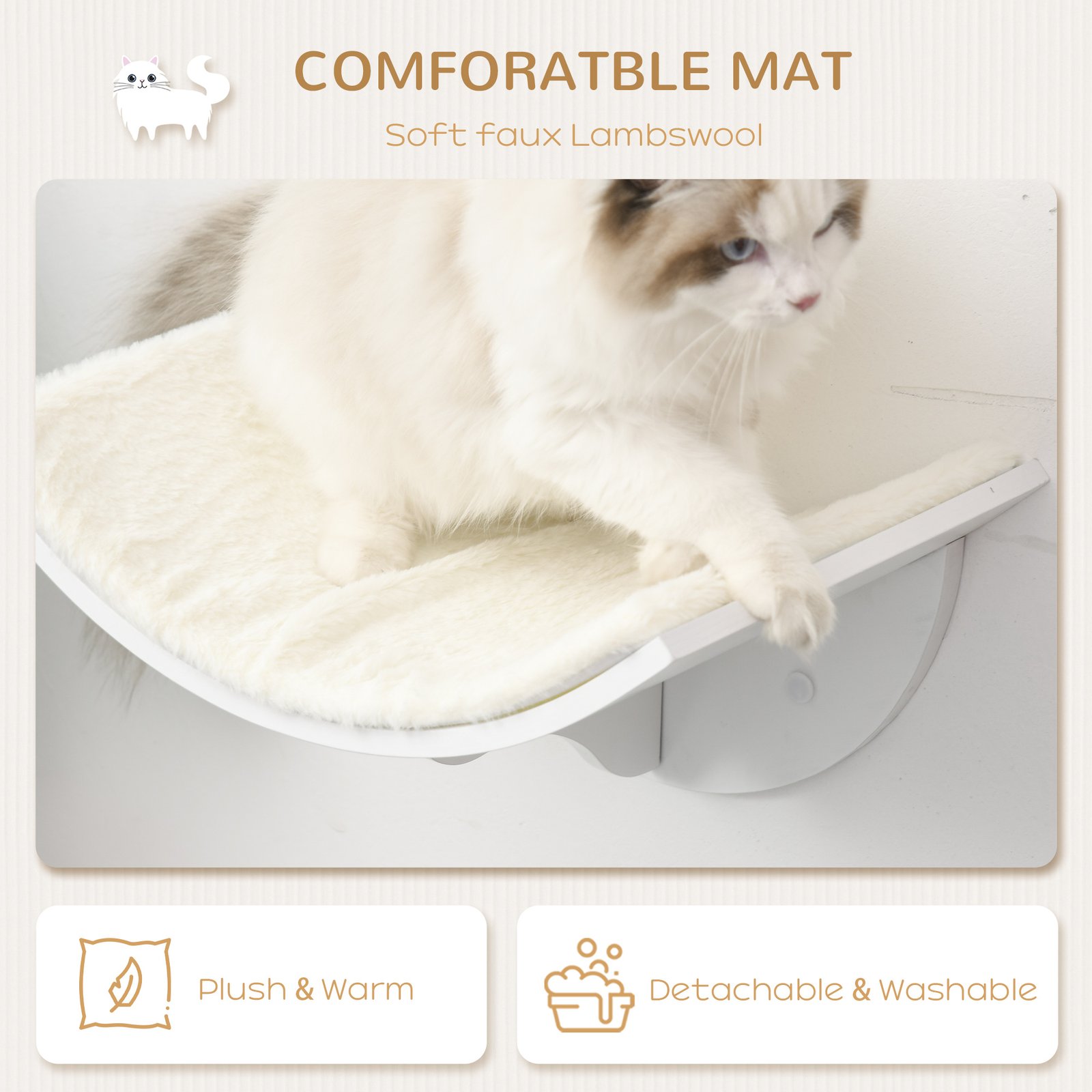 PawHut Wood Cat Shelves, Wall-Mounted Cat Shelter, Curved Kitten Bed Perch Climber Furniture 41 x 28 x 21cm White - Image 6