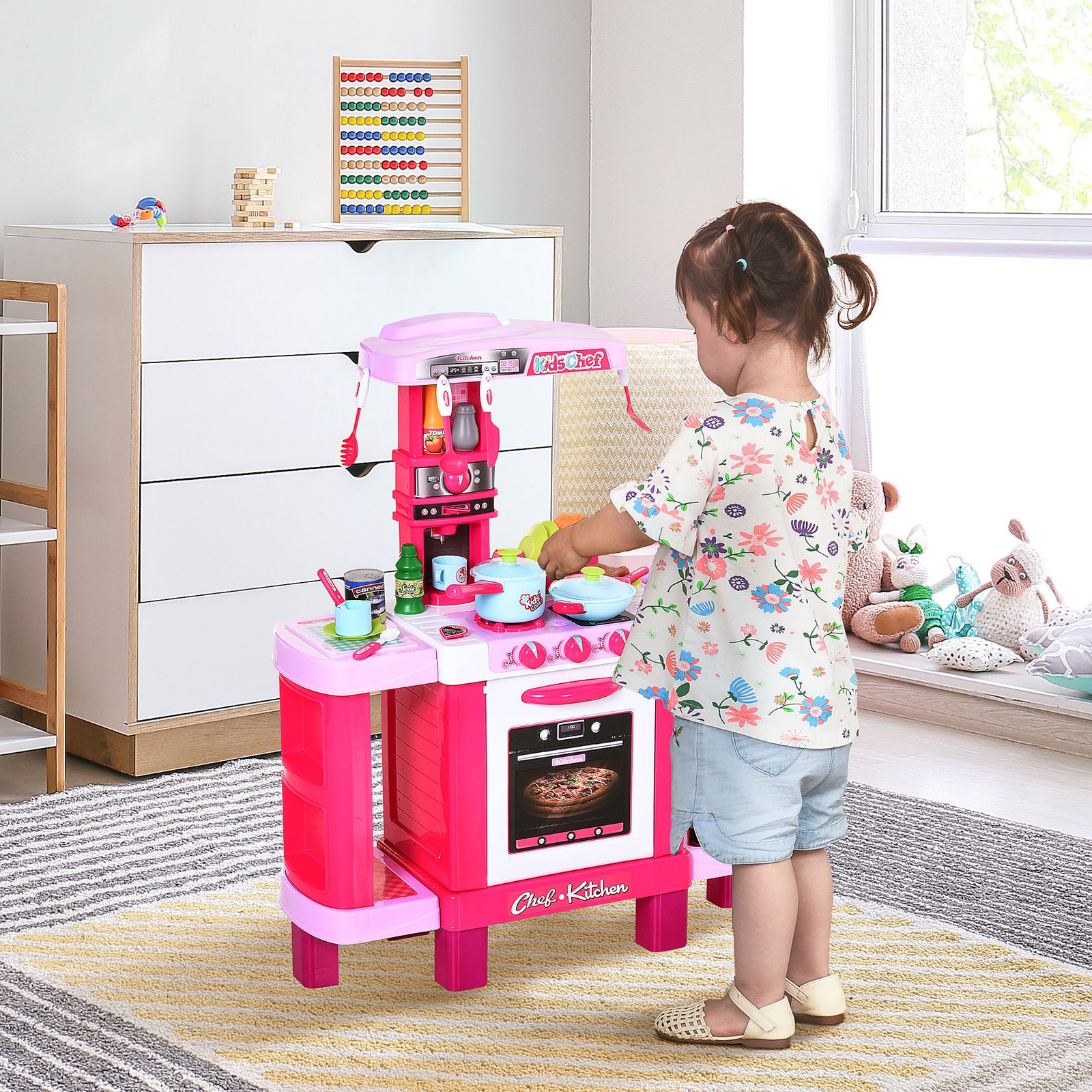 HOMCOM 38 Pcs Kids Children Kitchen Play Set w/ Realistic Sounds Lights Food Utensils Pots Pans Appliances Toy Game Pink - Image 2