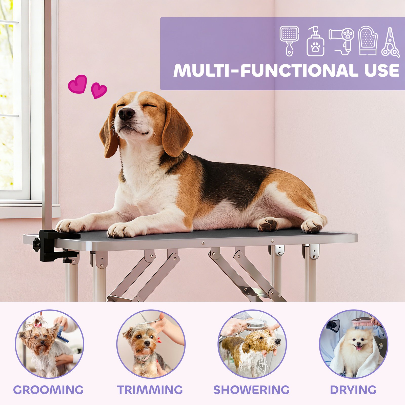 PawHut 32" Foldable Dog Grooming Table Pet Drying Beauty Table Adjustable Fixed Arm Rubber Top, Black - Image 7