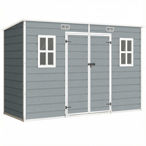 Outsunny 10 x 4 ft Resin Garden Shed, Outdoor Storage Shed with Floor, Windows, Lockable Doors and Vents, Grey Outsunny 10 x 4 ft Resin Garden Shed, Outdoor Storage Shed with Floor, Windows, Lockable Doors and Vents, Grey