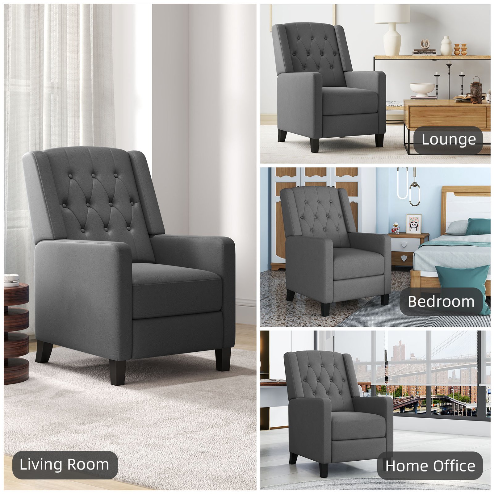 HOMCOM Wingback Recliner Chair for Home Theater, Button Tufted Microfibre Cloth Reclining Armchair with Leg Rest, Deep Grey - Image 6
