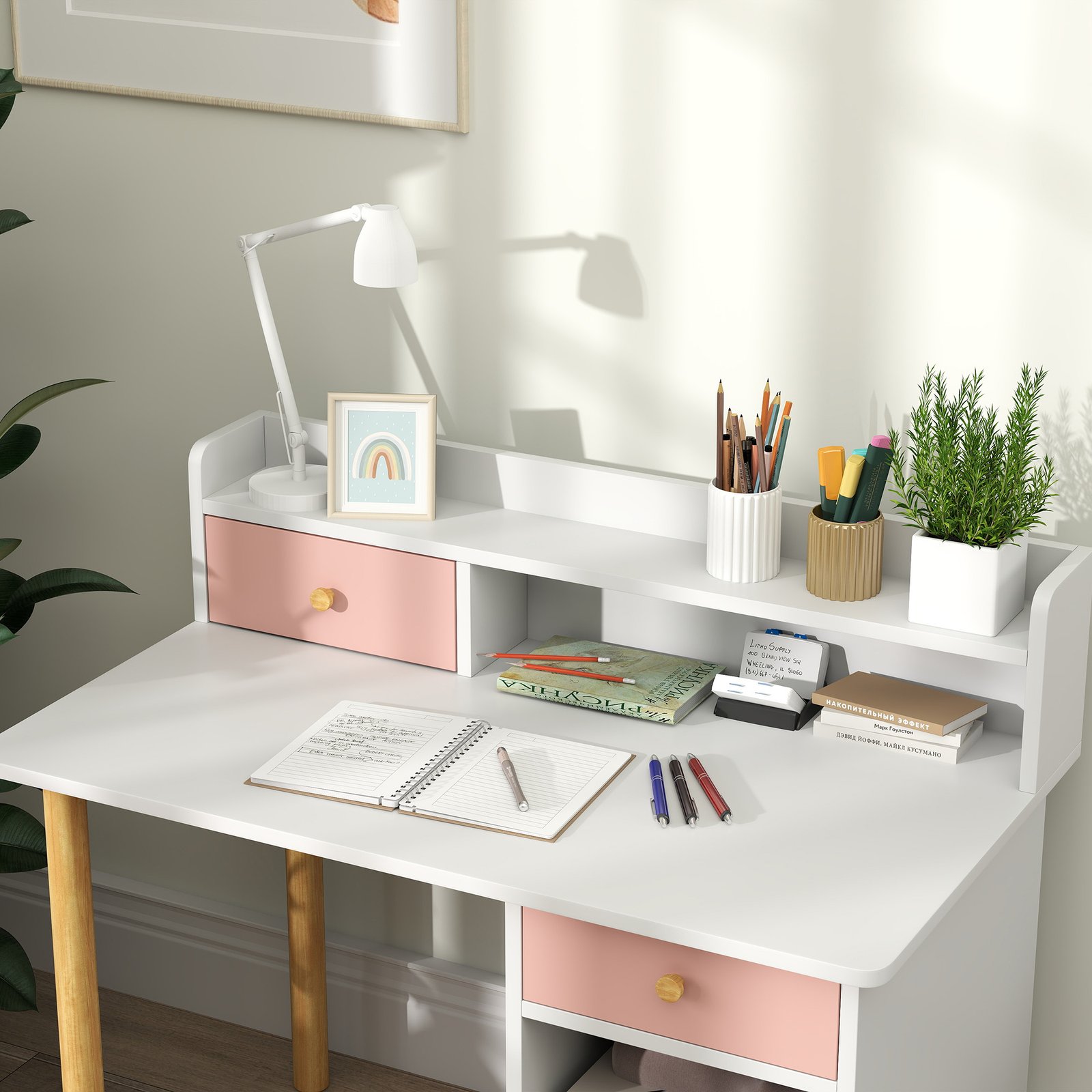 AIYAPLAY 2 Pieces Children Study Table with Hutch, Kids Desk and Chair Set with Storage, Drawer, Shelves, Pink - Image 8