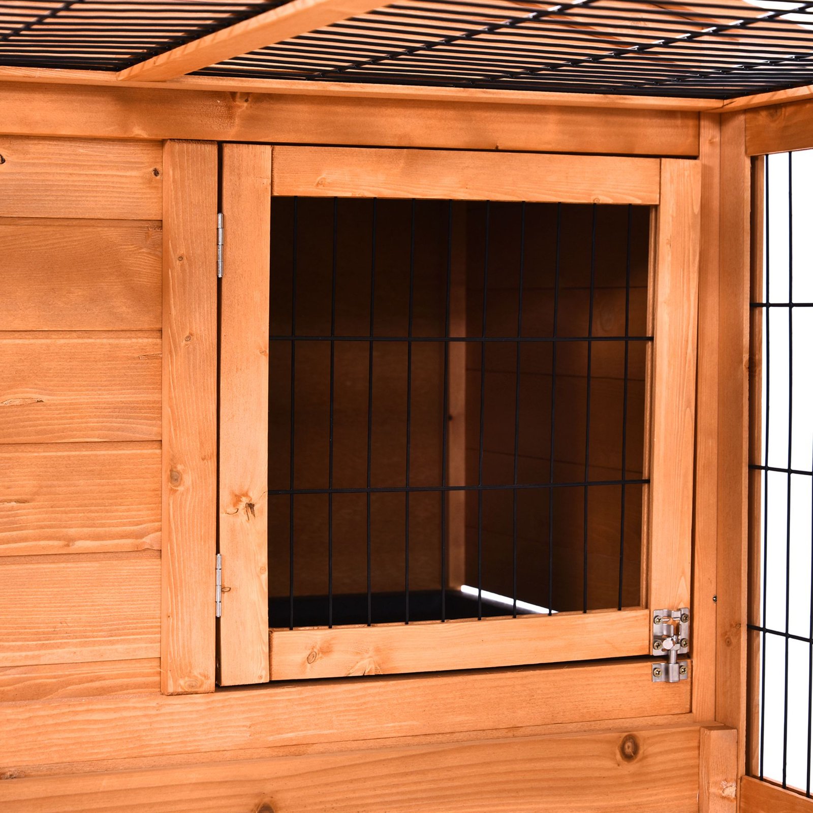 PawHut Wooden Rabbit Hutch Outdoor, Guinea Pig Hutch, Detachable Pet House Animal Cage with Openable Run & Roof Lockable Door Slide-out Tray 146 x 95 x 69cm - Image 9