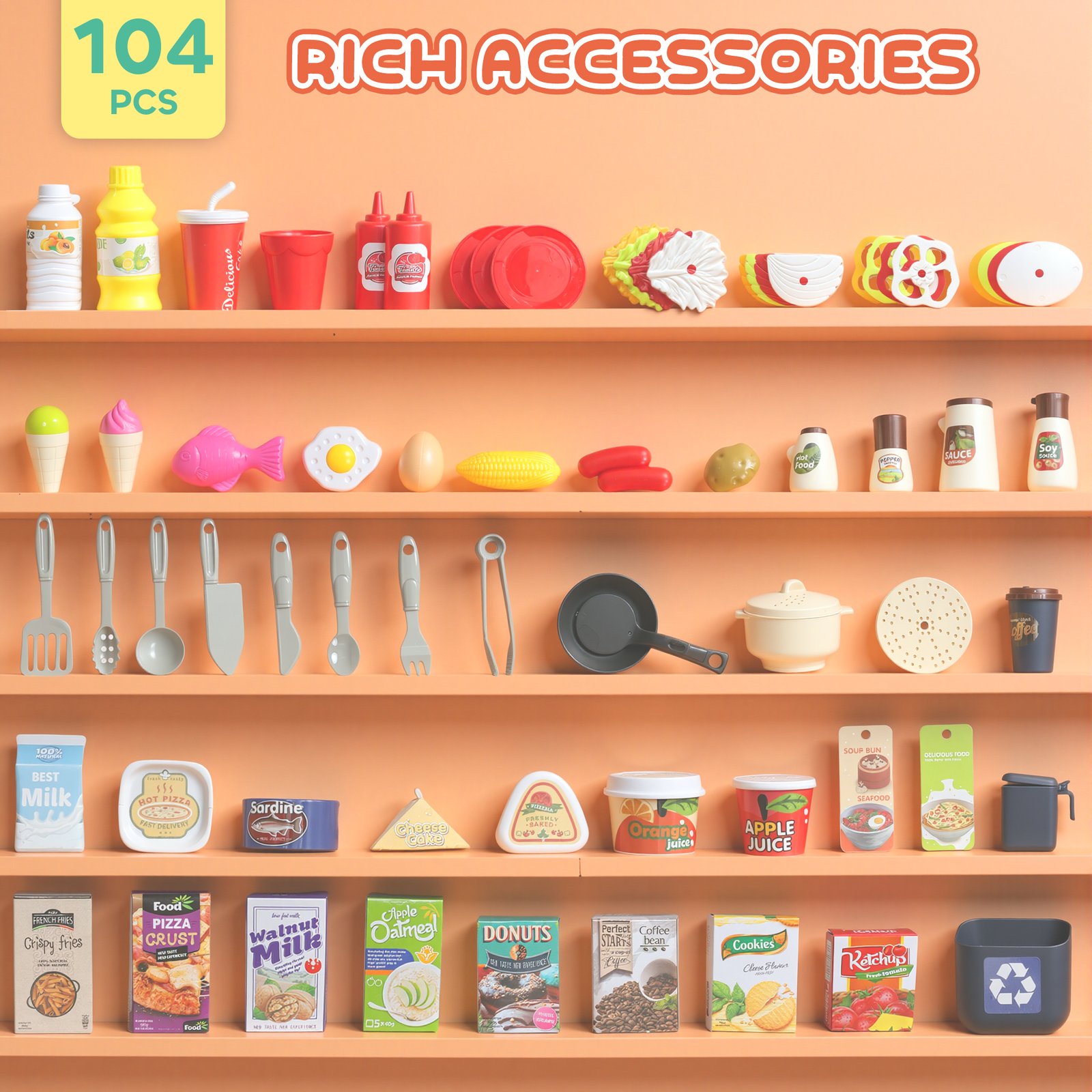 AIYAPLAY Pretend Play Kitchen Set with Realistic Lights & Sounds, 104PCS Toy Kitchen Accessories for Boys and Girls, Pink - Image 7