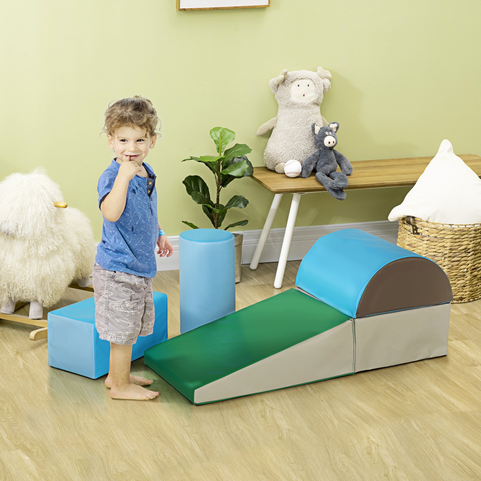 HOMCOM 5 Piece Kids Soft Play Set, Climb and Crawl Activity Toys Set for Baby Toddler, Soft Foam Blocks Indoor Play Equipment Learning Toys Blue - Image 9