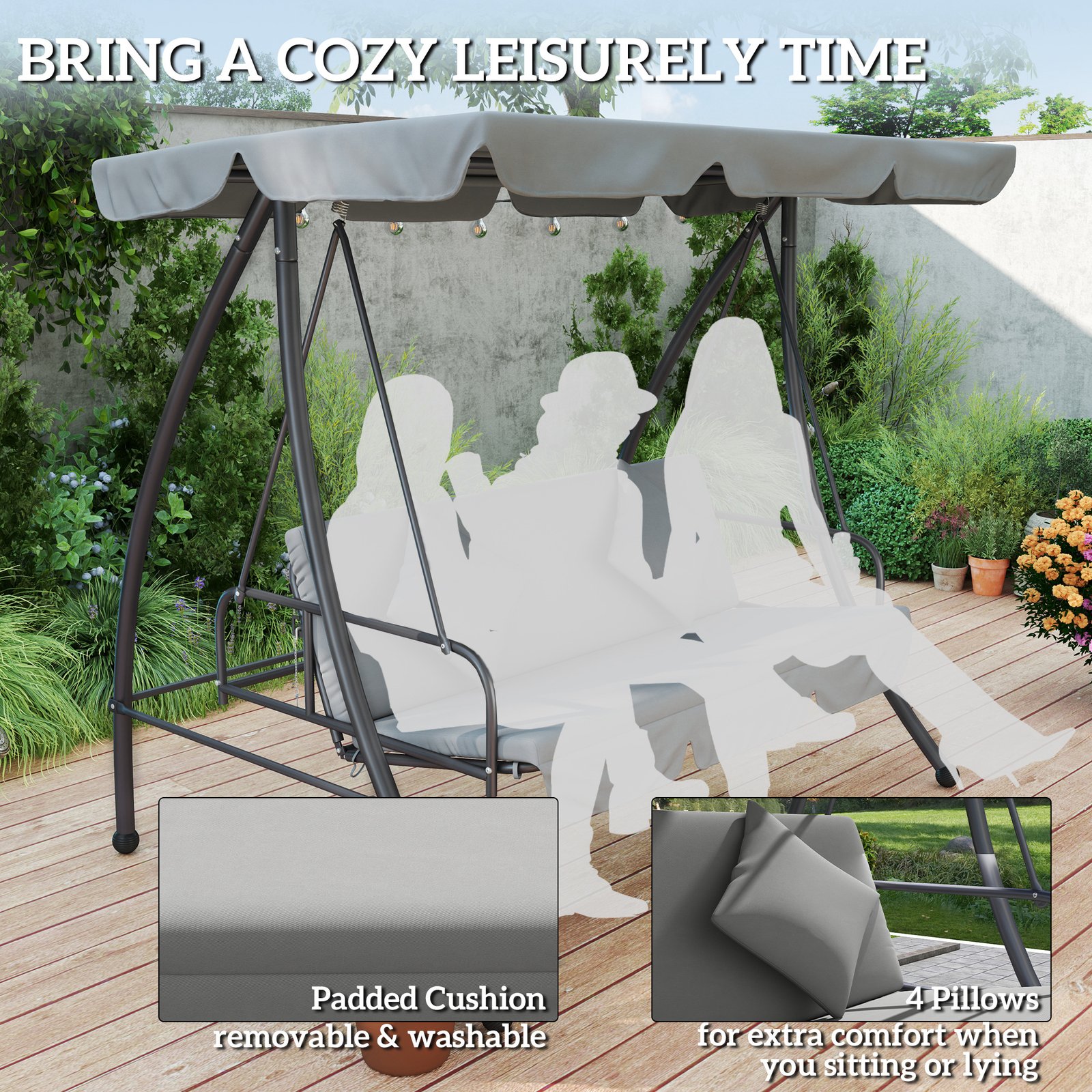 Outsunny Outdoor 2-in-1 Swing Chair Lounger 3 Seater Garden Swing Seat Bed Convertible Tilt Canopy W/ Cushion, Light Grey - Image 7