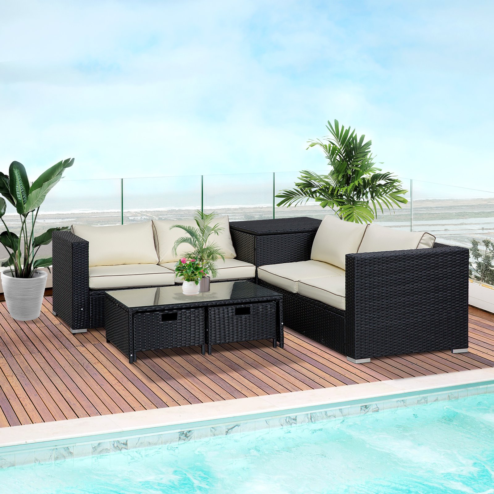 Outsunny 4 Pieces Rattan Garden Furniture Set, 4 Seater Corner Sofa Set with Storage Box, 2 Drawers Coffee Table, Loveseats with Cushions, Wicker Garden Conservatory Furniture for Balcony, Black - Image 2