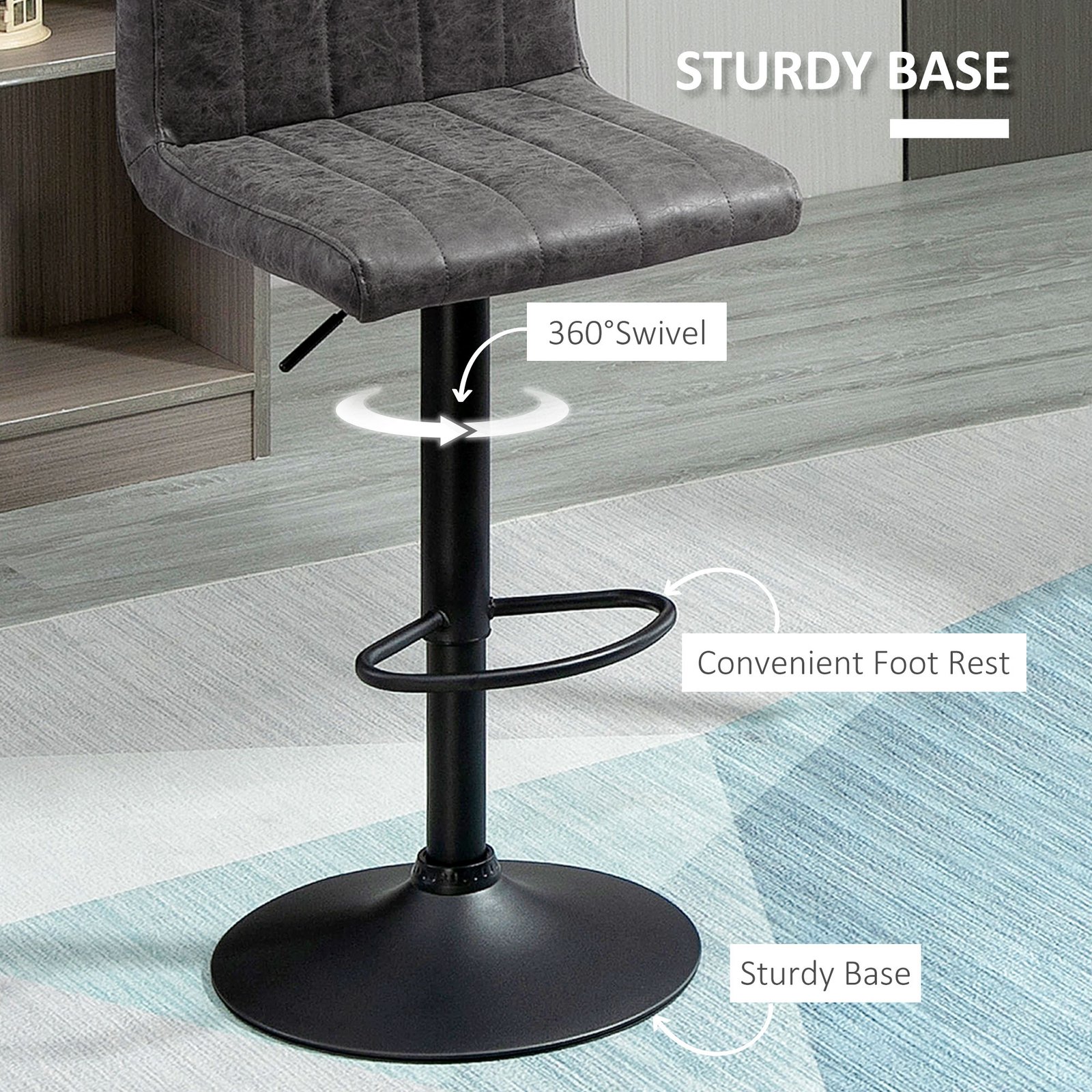 HOMCOM Adjustable Barstools Set of 2, Swivel Counter Bar Chairs, Bar Stools with Footrest, PU Leather, Gas Lift, Grey - Image 7