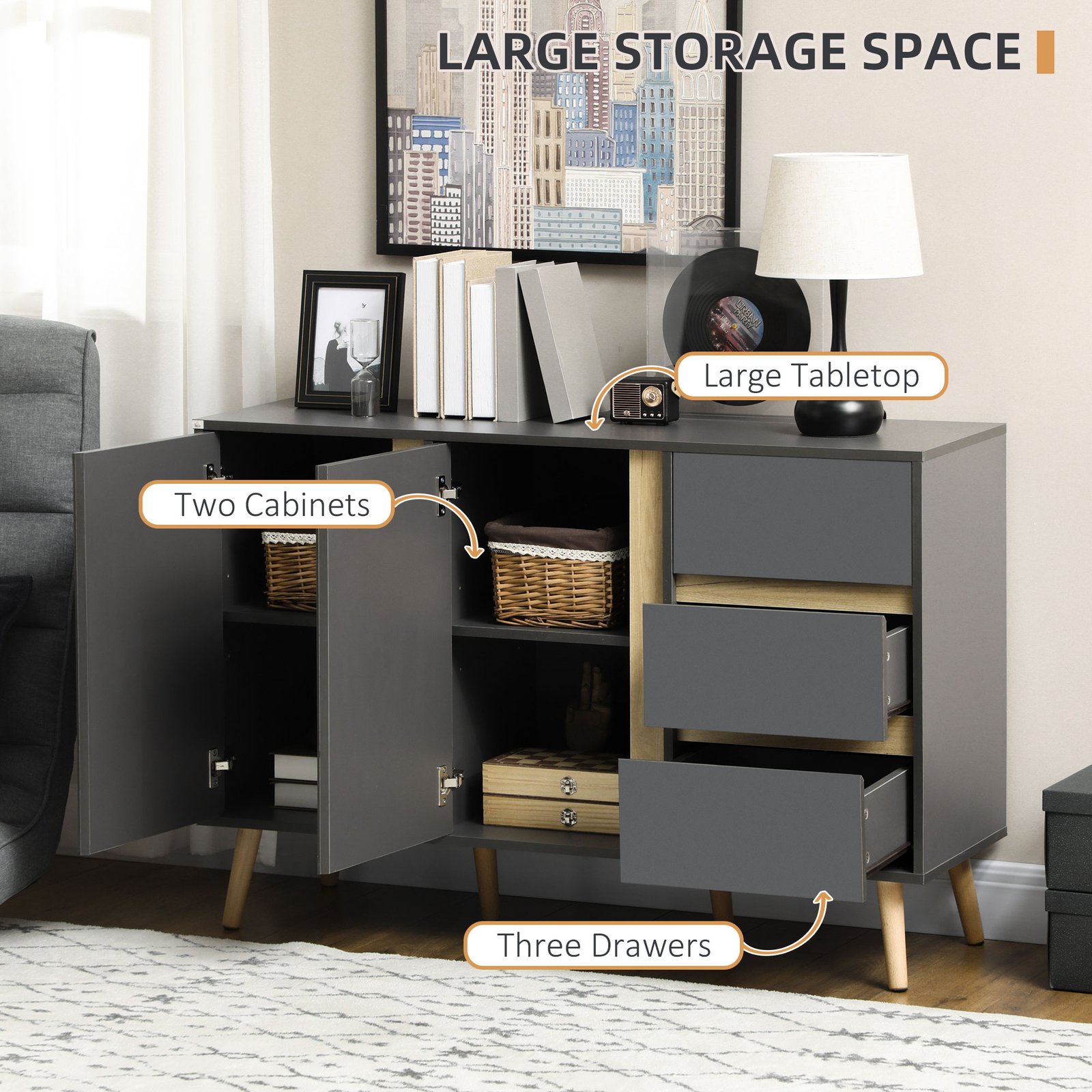 HOMCOM Sideboard, Modern Kitchen Cupboard with Double Doors and 3 Drawers, Adjustable Shelves for Living Dining Room, Dark Grey - Image 4