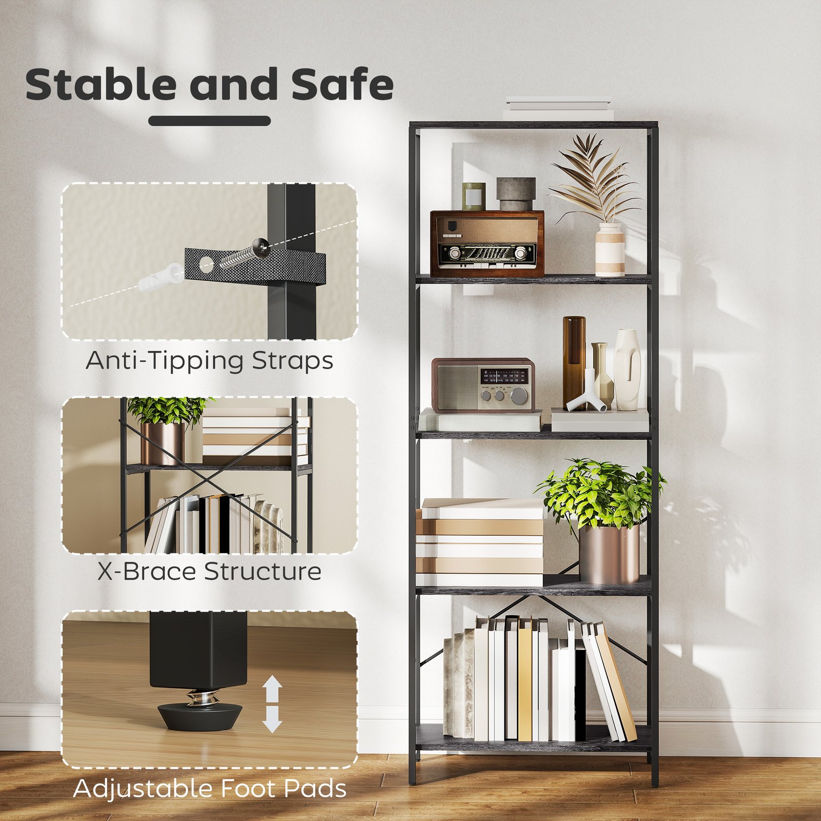 HOMCOM 5-Tier Bookshelf, Industrial Bookcase with Metal Frame - Dark Grey and Black - Image 5