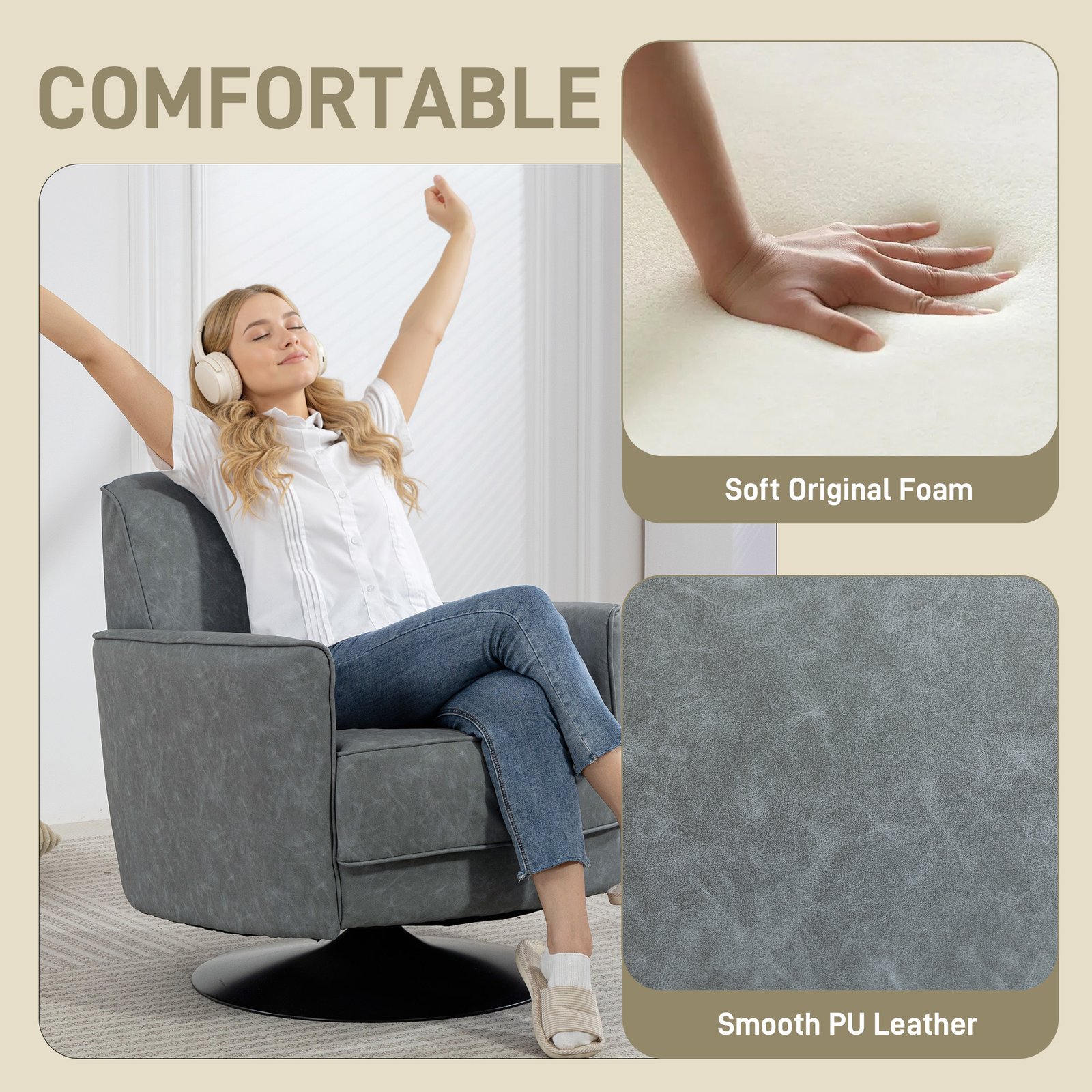 HOMCOM Upholstered Swivel Accent Chair with Thick Padding, Grey - Image 5