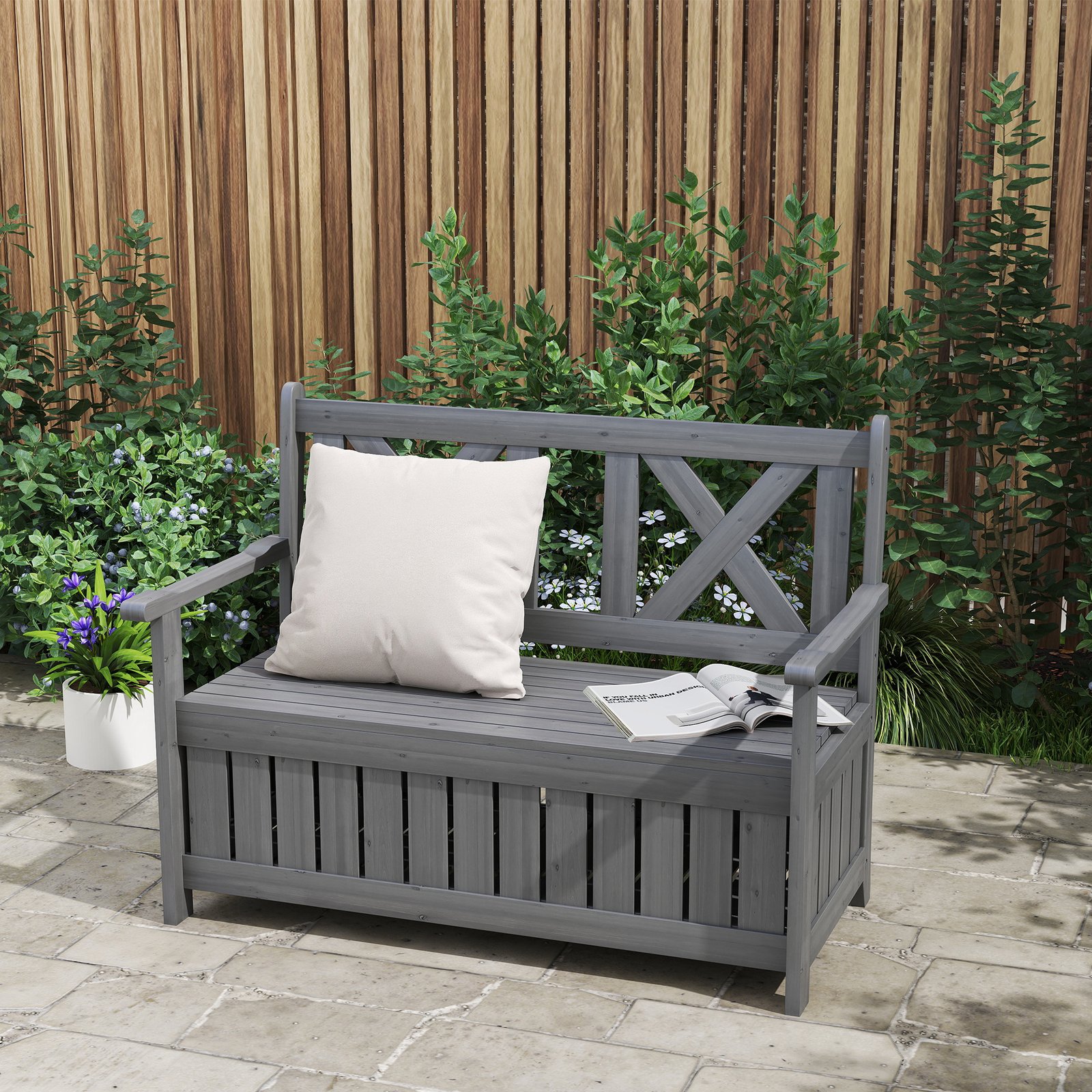 Outsunny 2-Seater Garden Storage Bench for Patio Wood Porch Decor Outdoor Seating, Charcoal Grey - Image 2