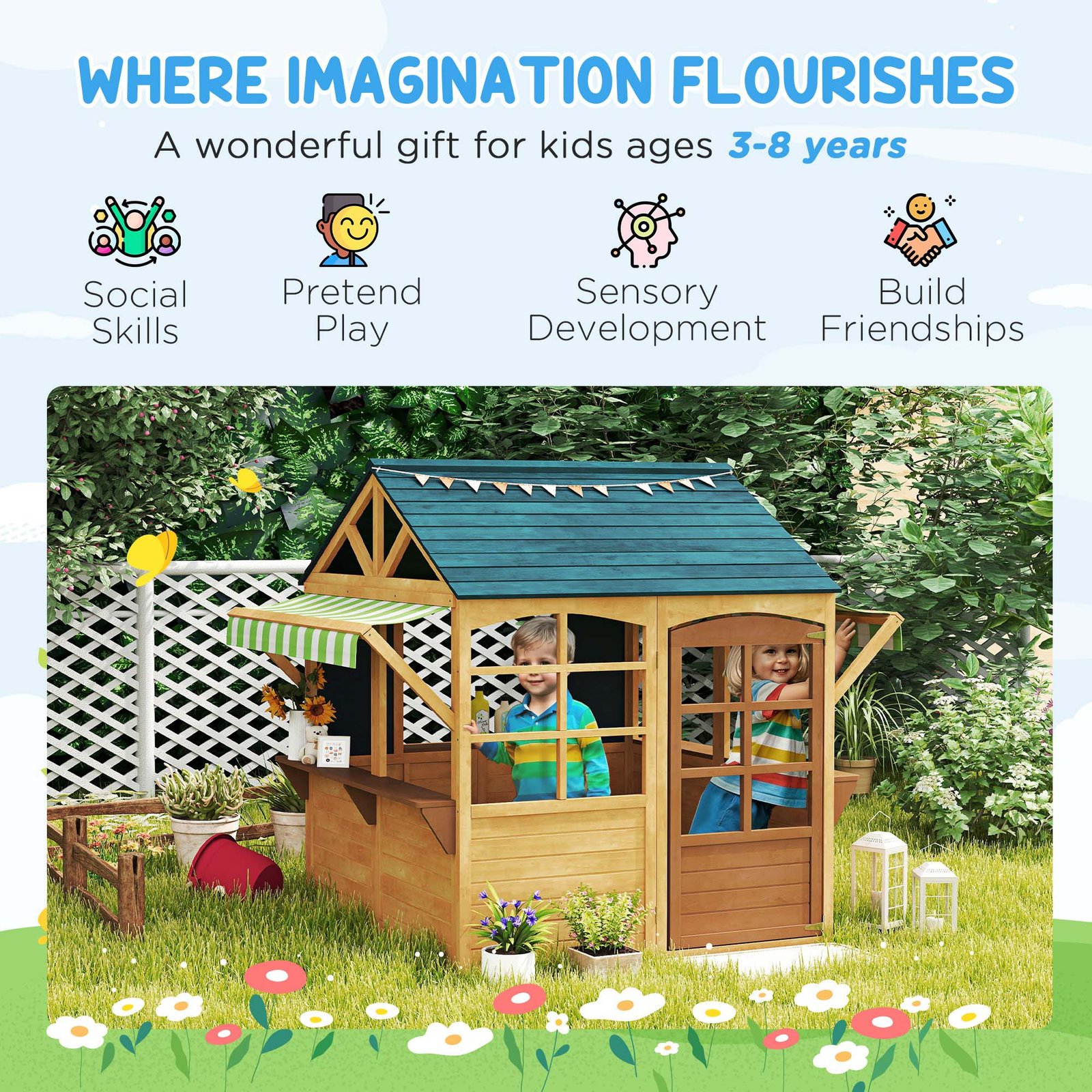 AIYAPLAY Wooden Playhouse for Kids, Foldable Wendy House with Windows, Working Door, Service Stations, Rain Covers, Brown - Image 4