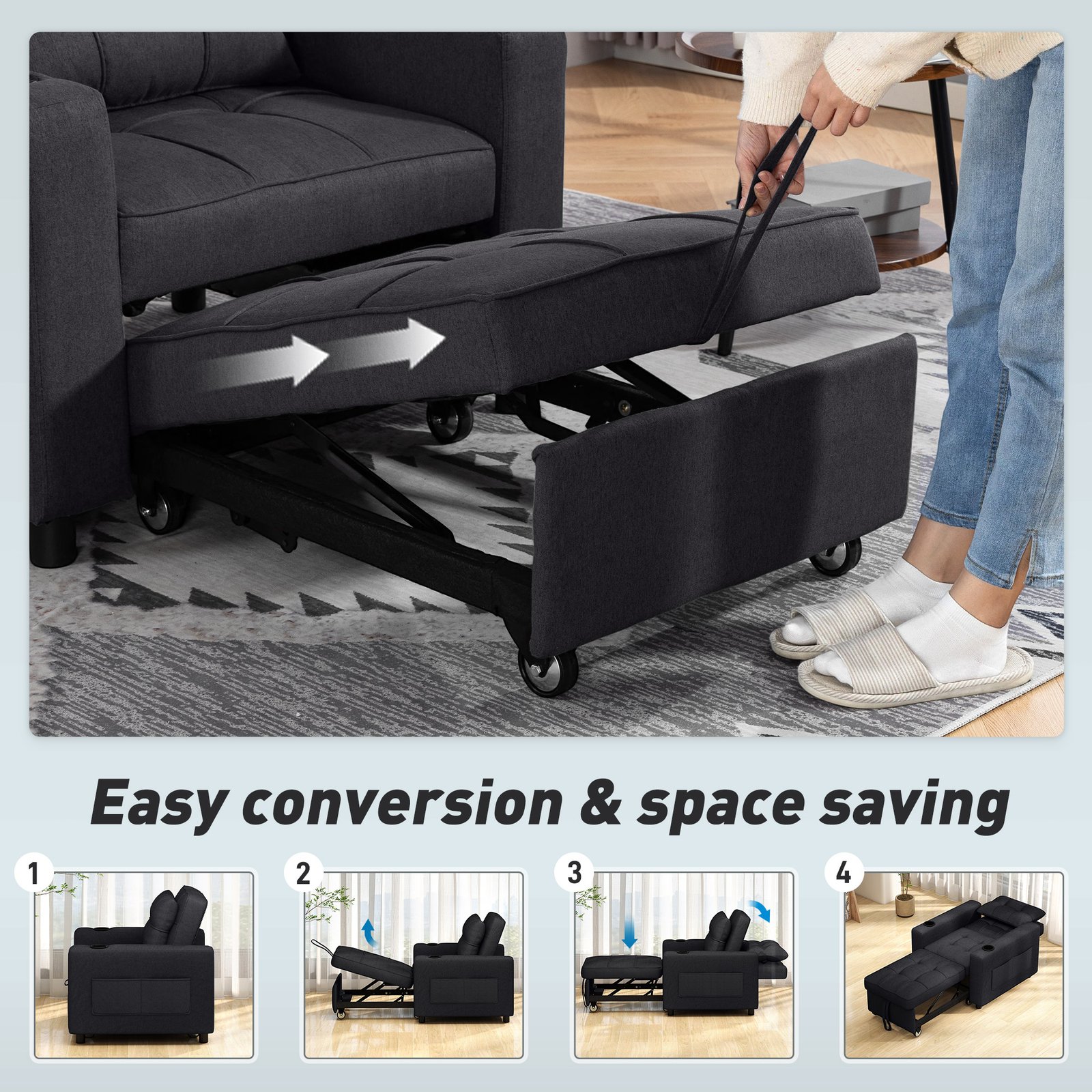 HOMCOM 3-in-1 Single Sofa Bed, Convertible Sleeper Chair Bed - Black - Image 4