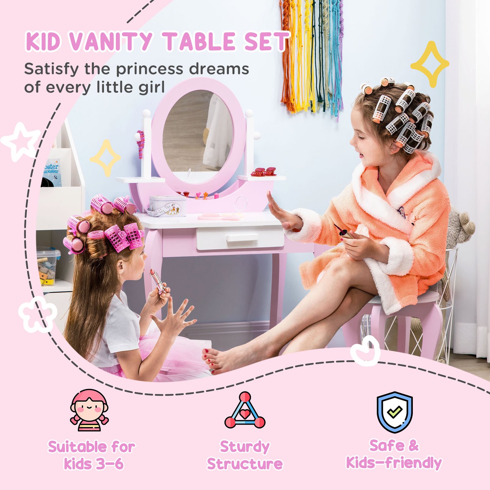 ZONEKIZ Kids Dressing Table Set, with Mirror, Stool, for Ages 3-6 Years - Pink - Image 4