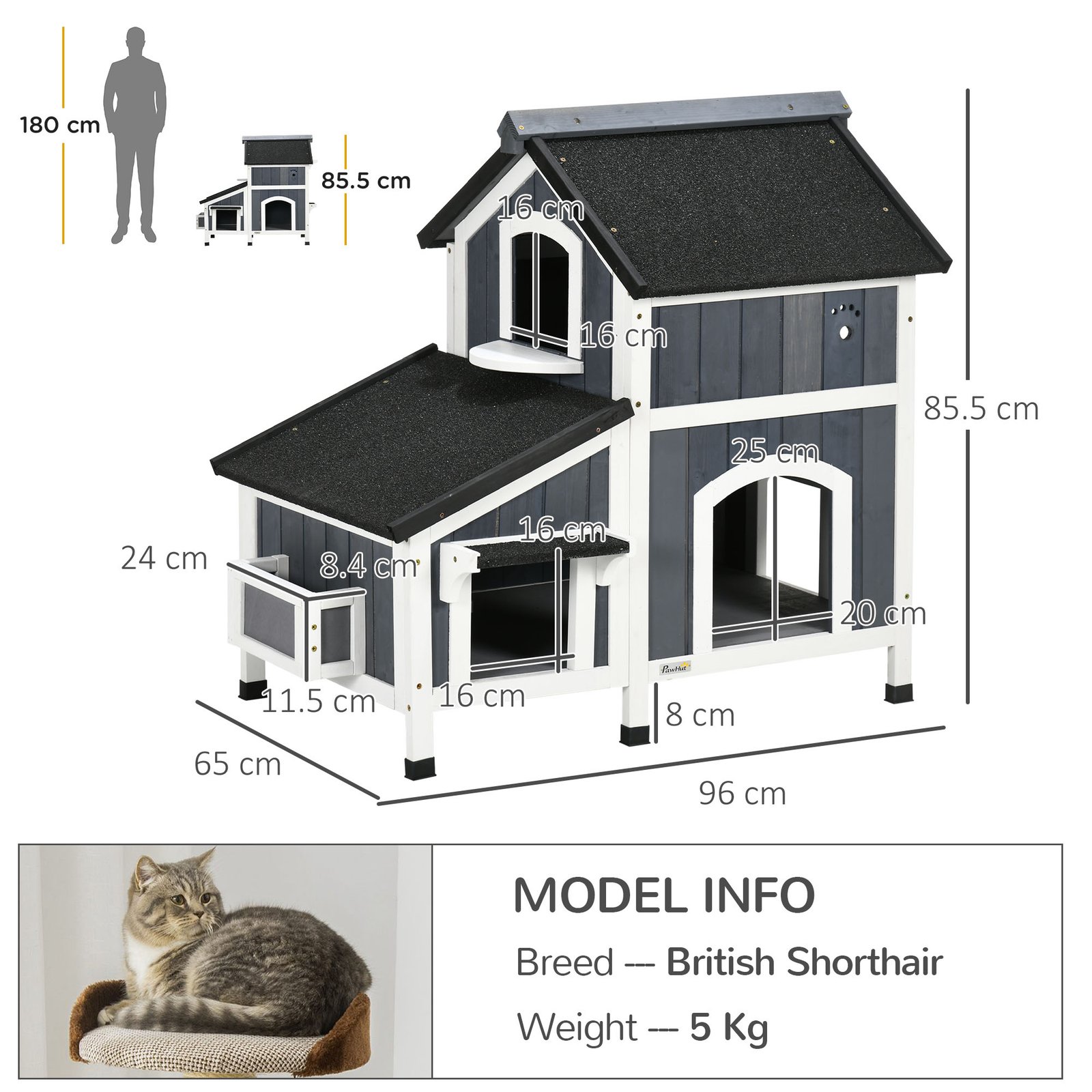 PawHut Wooden Cat House with Flower Pot, Windows, Multiple Entrances, Water-Resistant Roof for Outdoor - Grey - Image 3